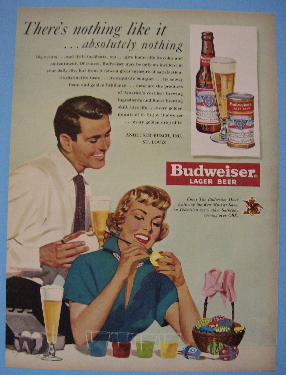 1950 Budweiser Lager Beer with Woman Painting Eggs