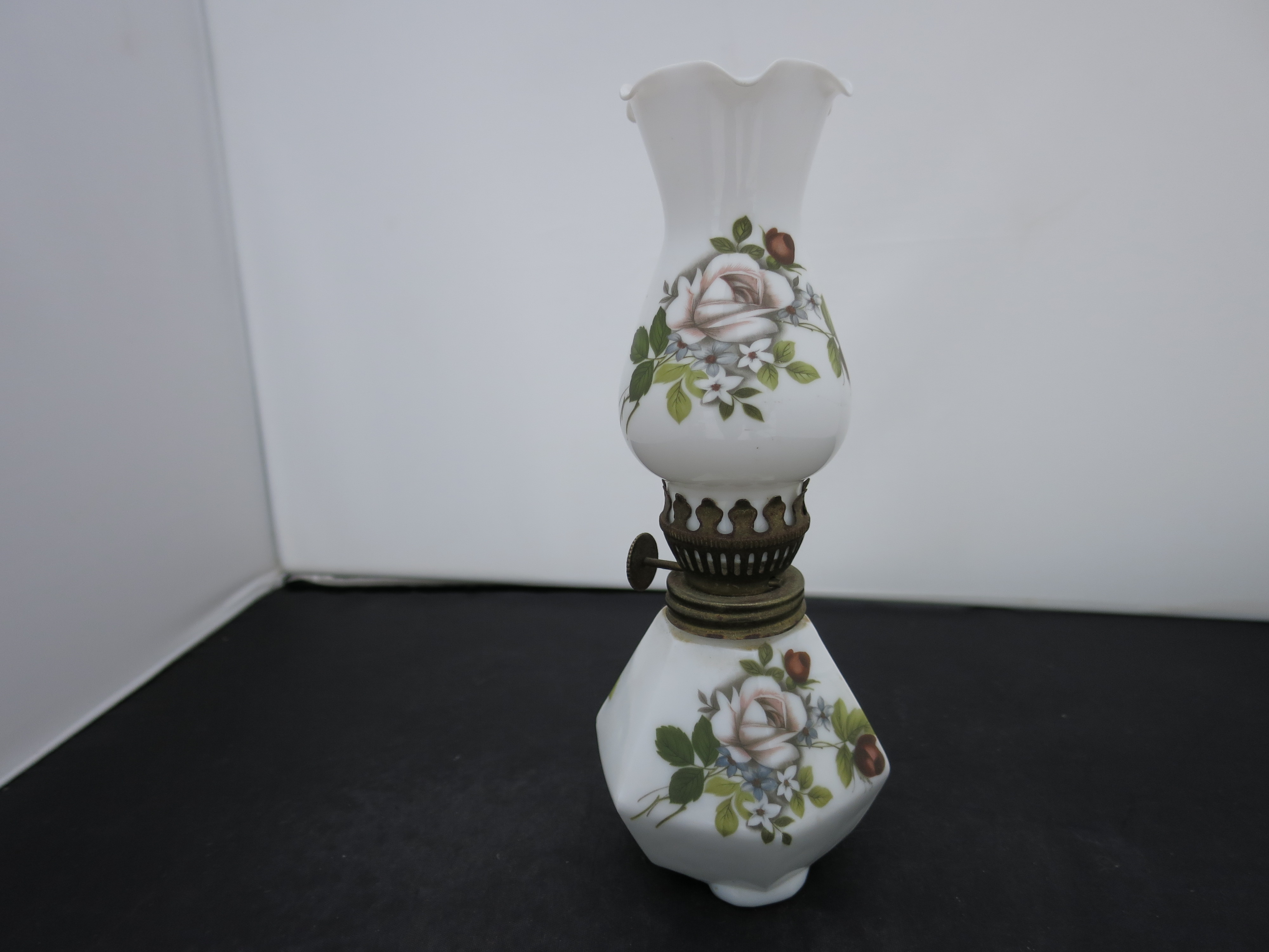 Miniature Milk Glass Oil Lamp hand painted Rose Motif