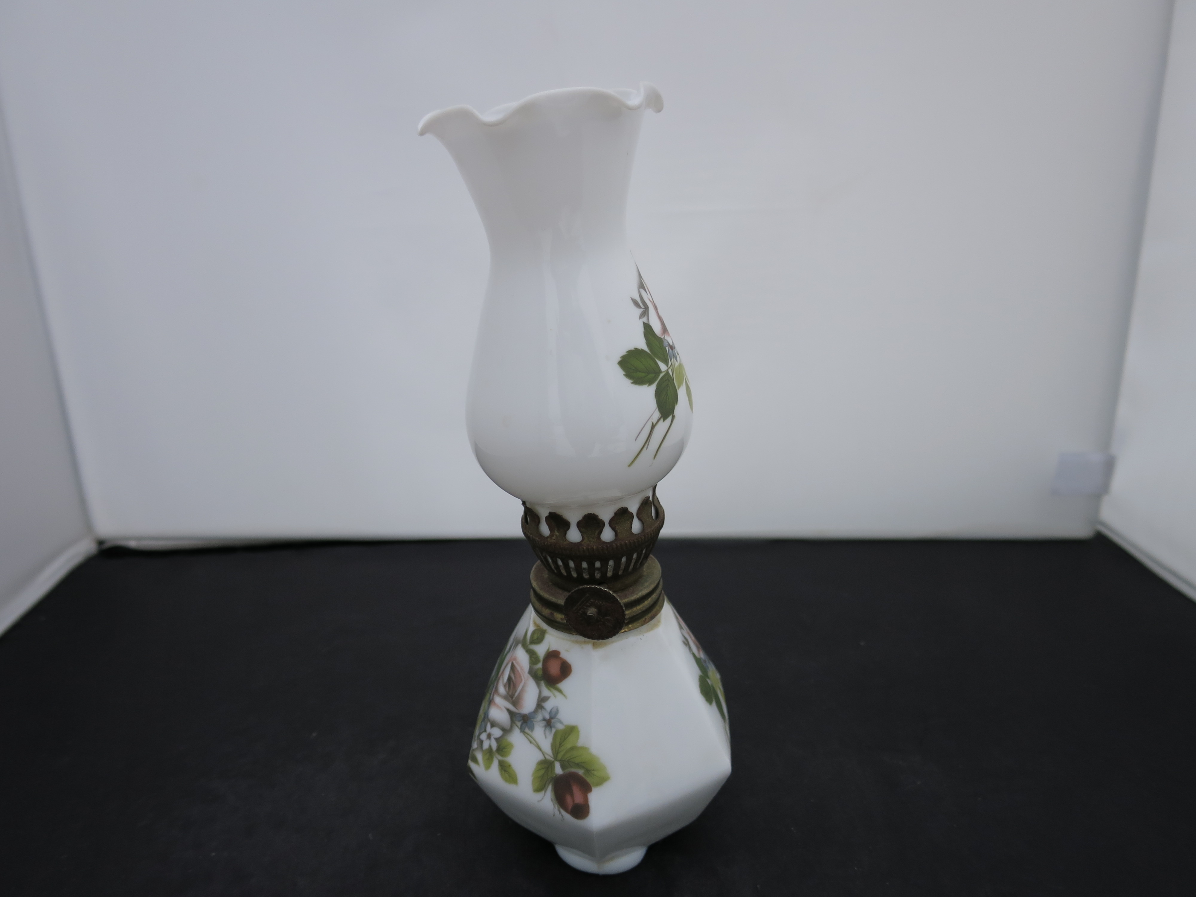 Miniature Milk Glass Oil Lamp hand painted Rose Motif