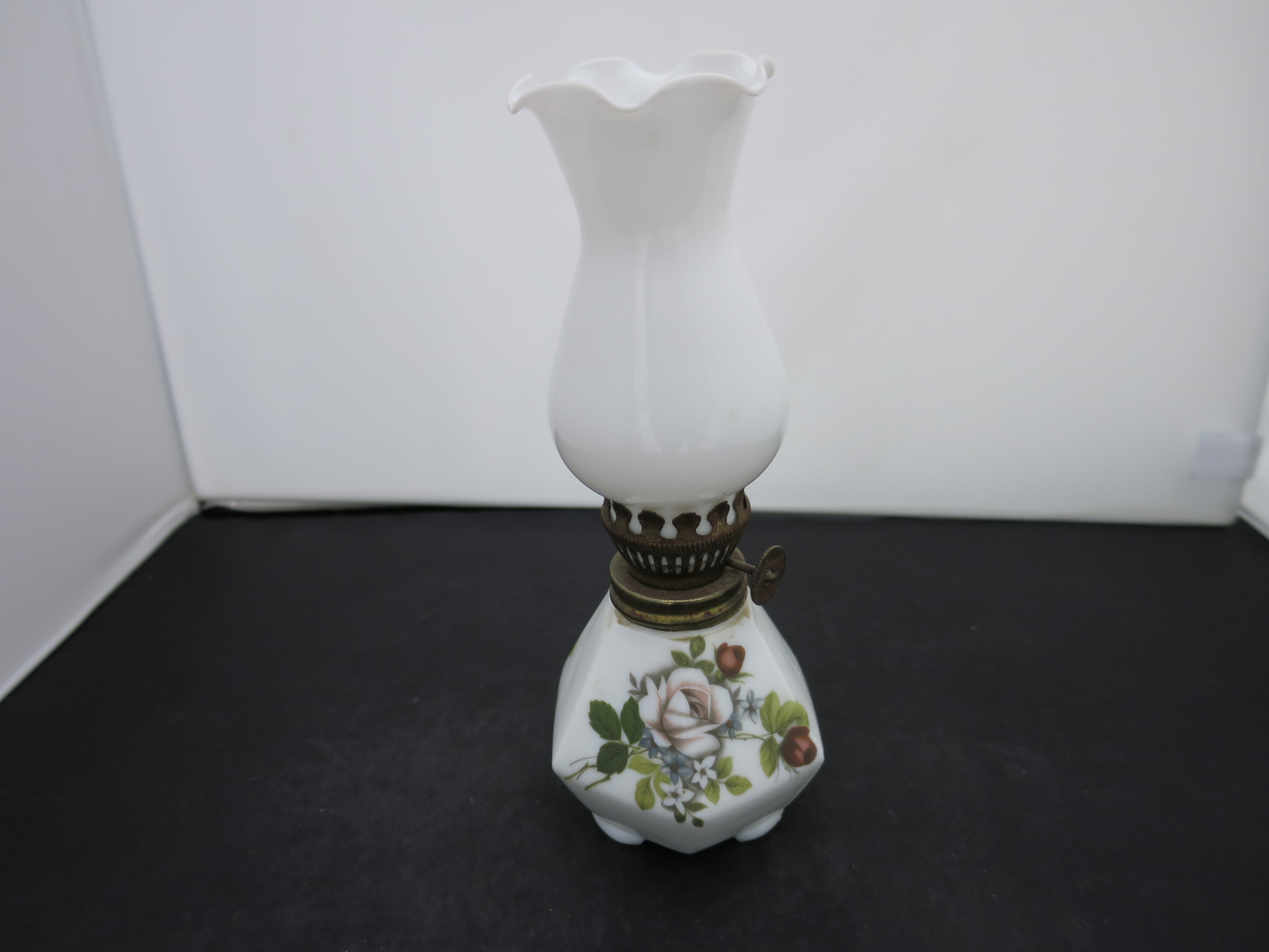 Miniature Milk Glass Oil Lamp hand painted Rose Motif