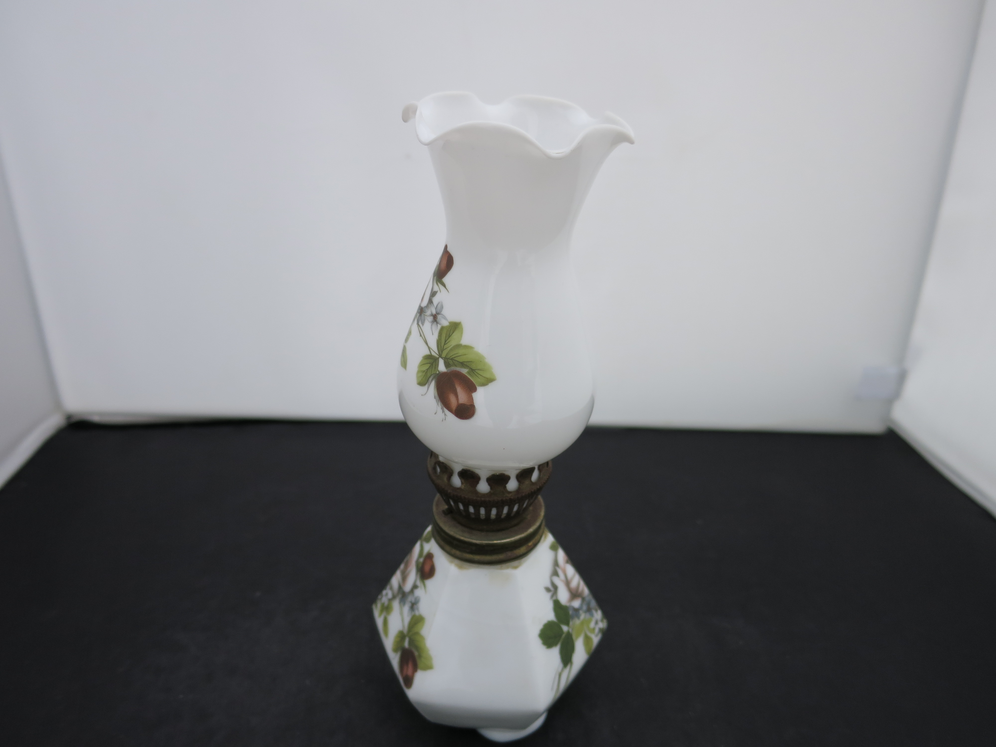 Miniature Milk Glass Oil Lamp hand painted Rose Motif