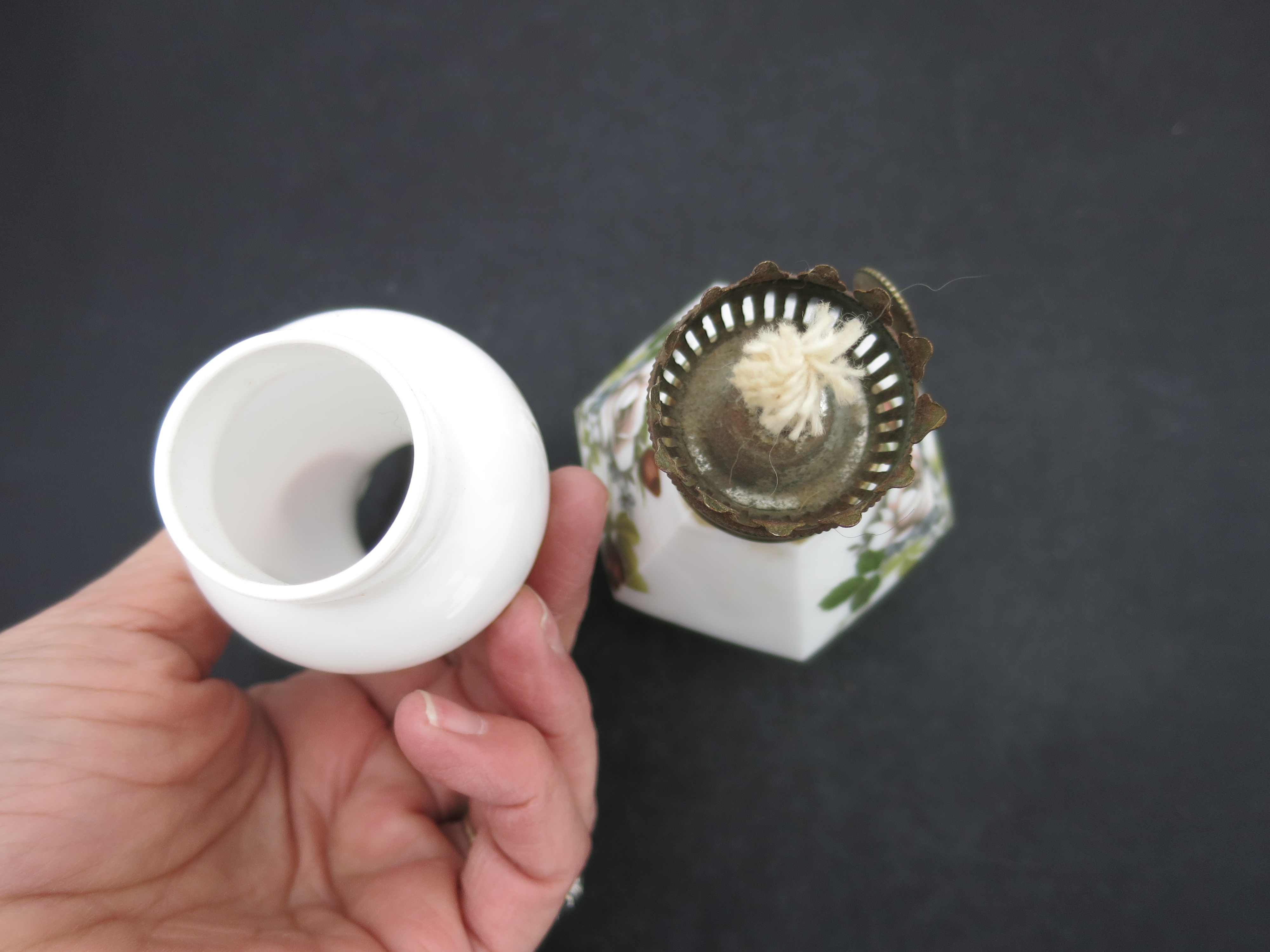 Miniature Milk Glass Oil Lamp hand painted Rose Motif