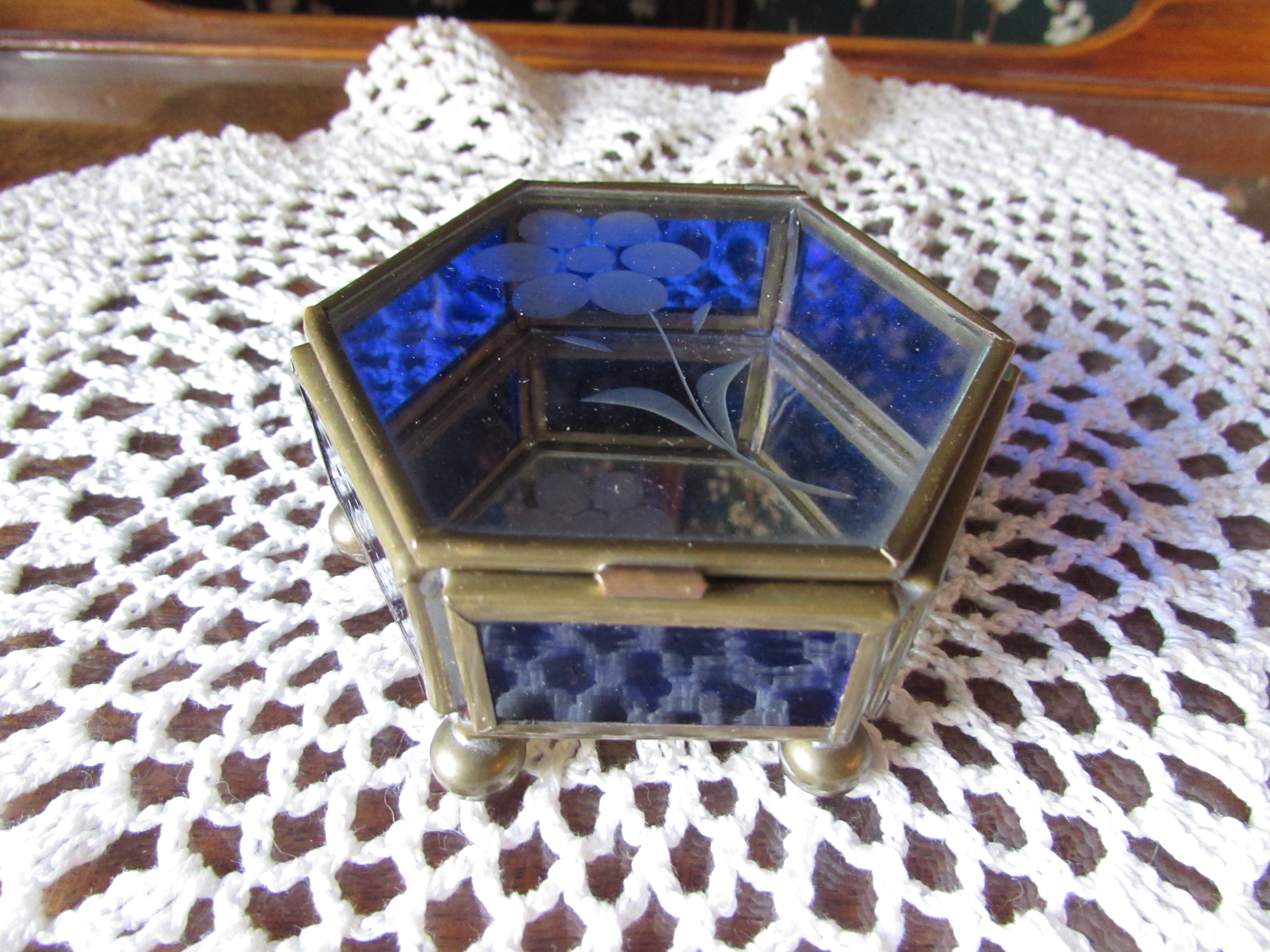 Cobalt Blue Floral Etched Trinket Box Hinged Mexico