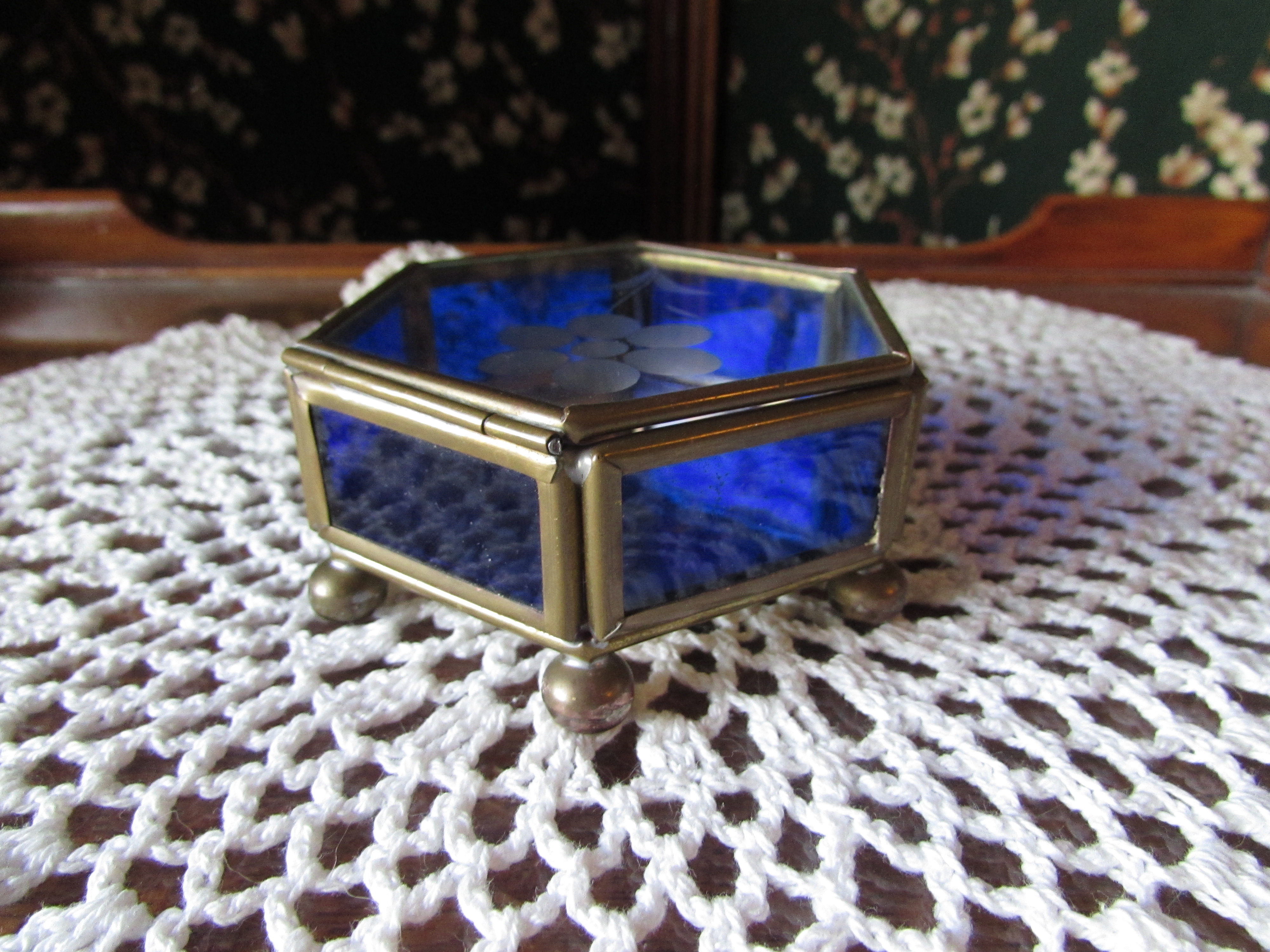 Cobalt Blue Floral Etched Trinket Box Hinged Mexico