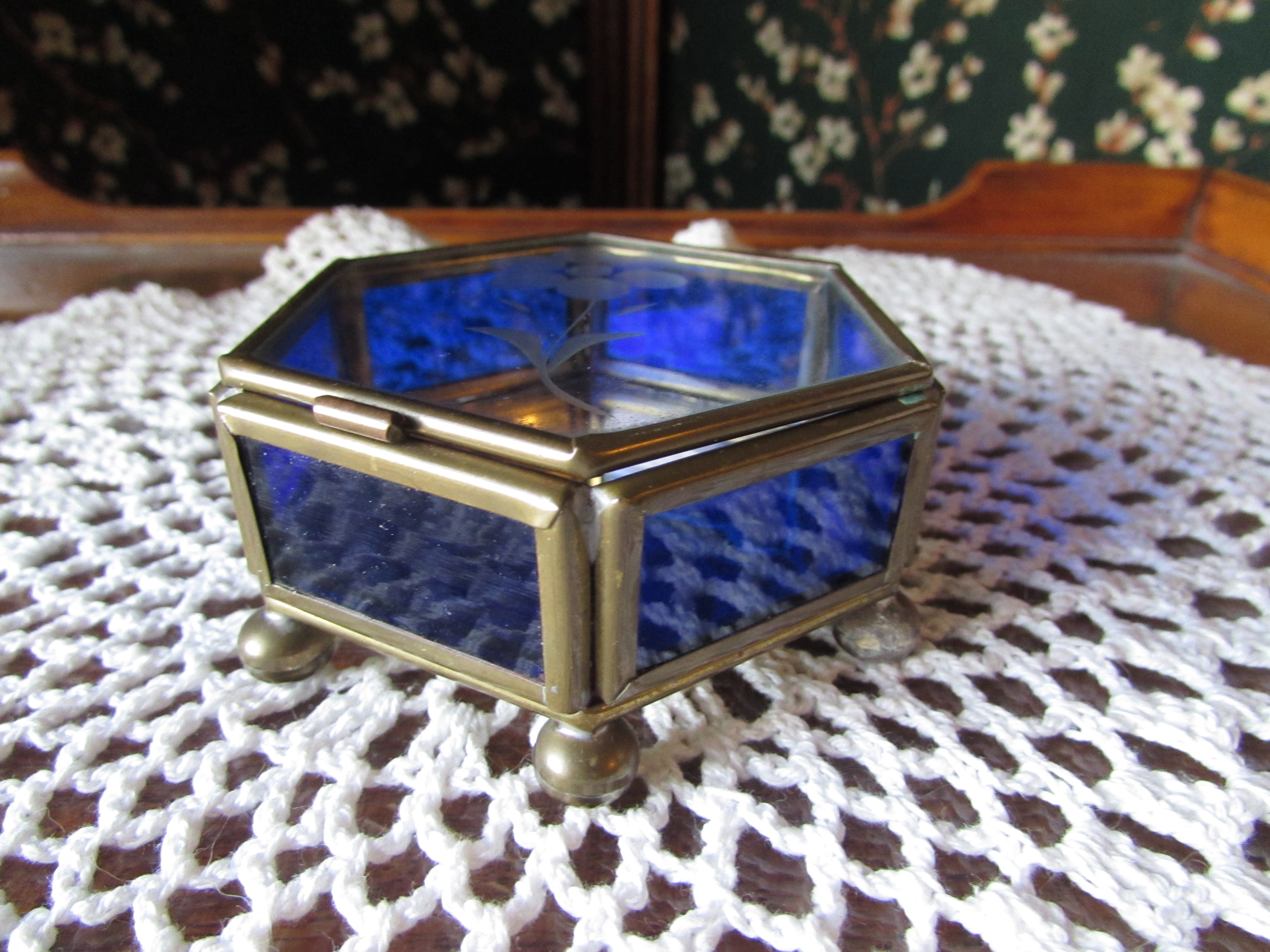 Cobalt Blue Floral Etched Trinket Box Hinged Mexico