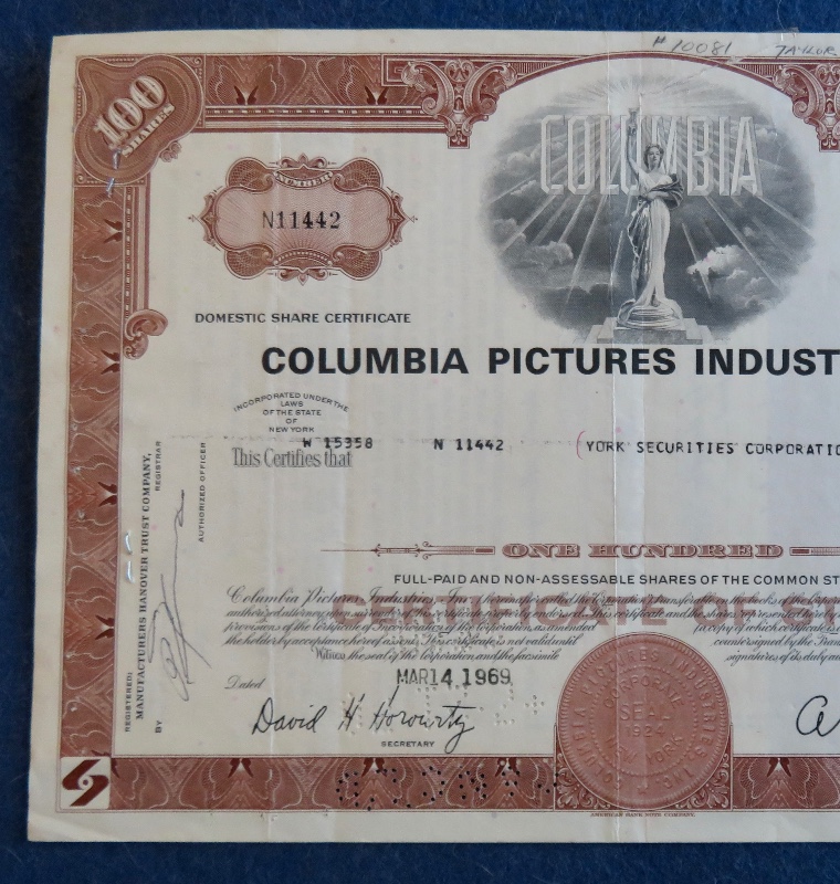 1969 Columbia Pictures Industries Incorporated Stock Certificate