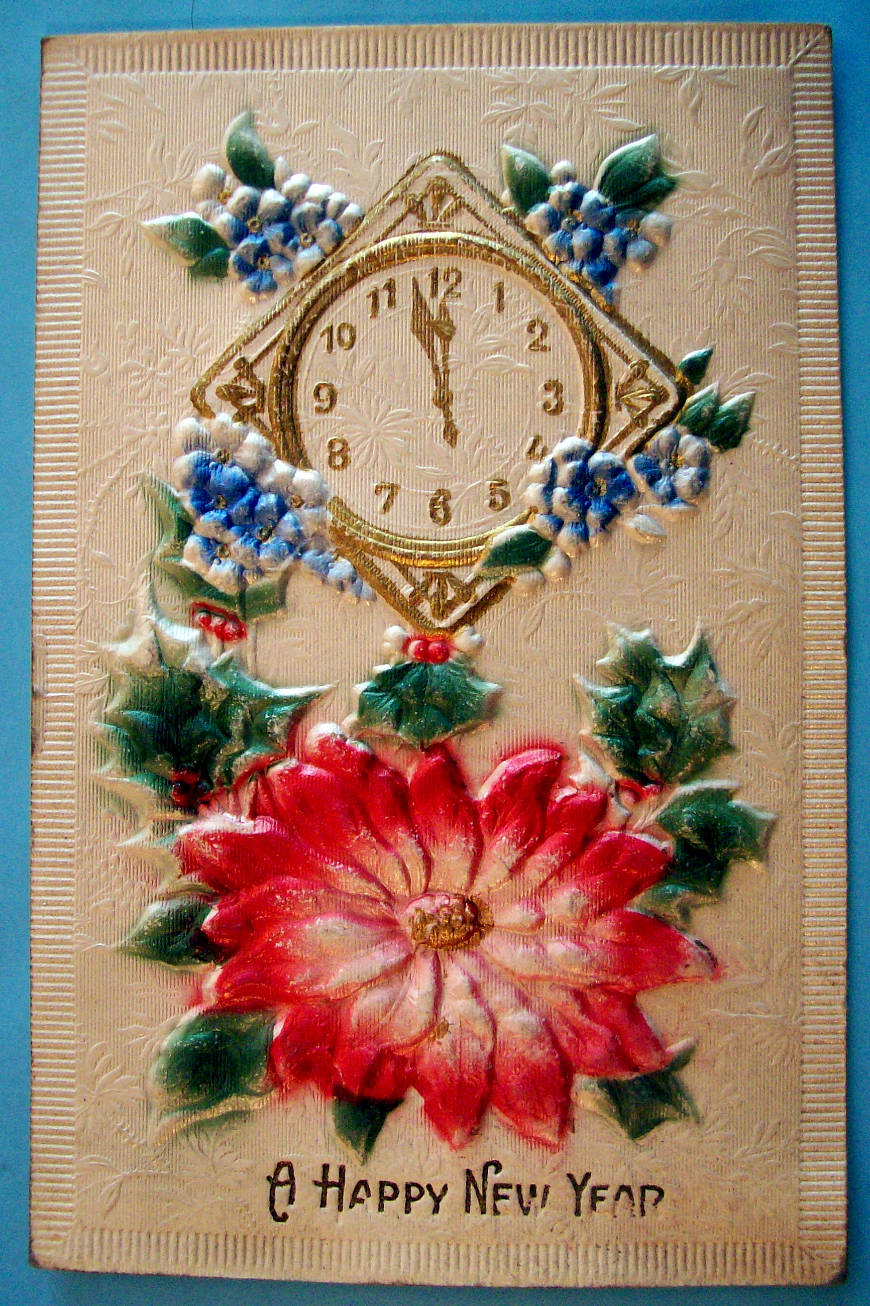 A Happy New Year Postcard with Clock & Red Flower