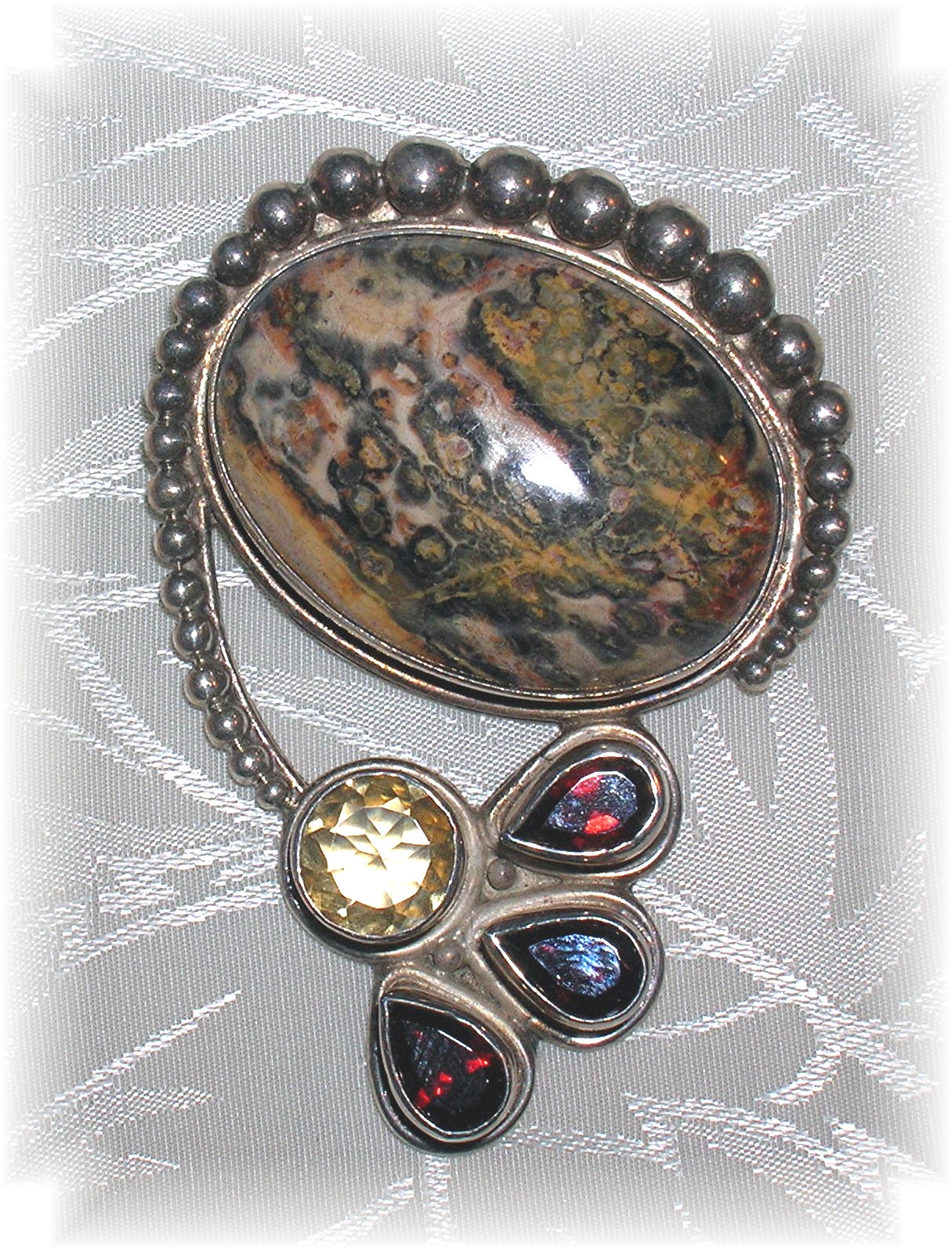 Sterling Silver Agate Citrine Garnet Brooch