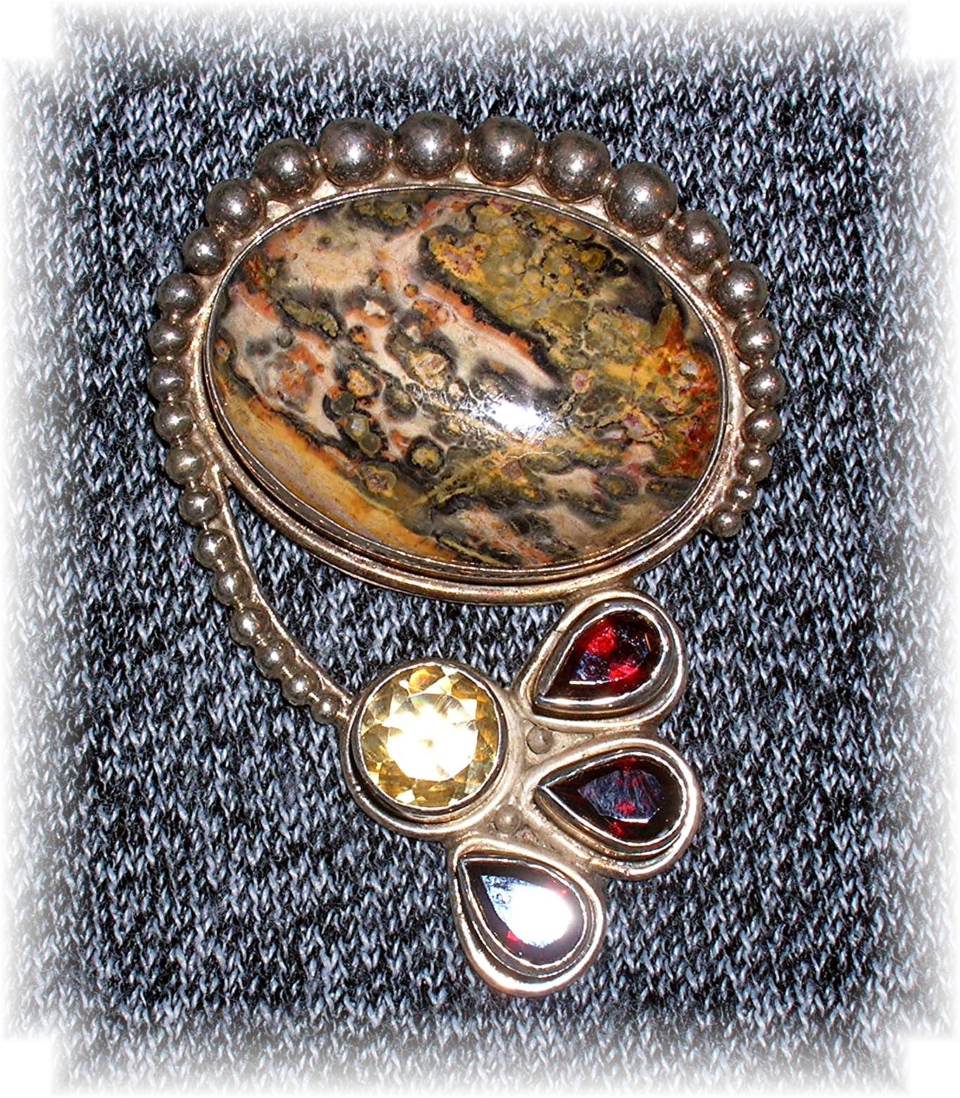 Sterling Silver Agate Citrine Garnet Brooch