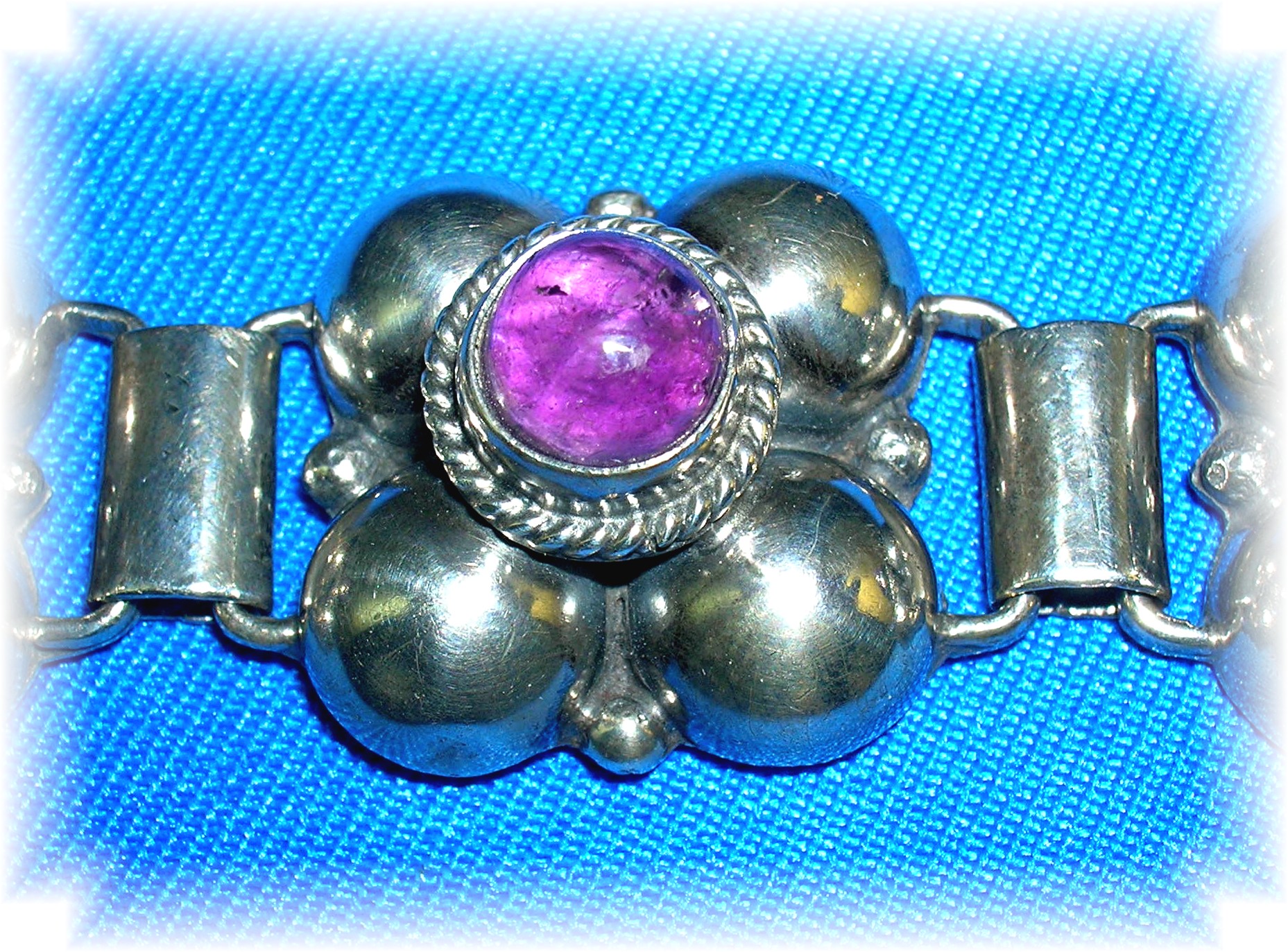Mexican Silver and Cabochon  Amethyst Bracelet 40s
