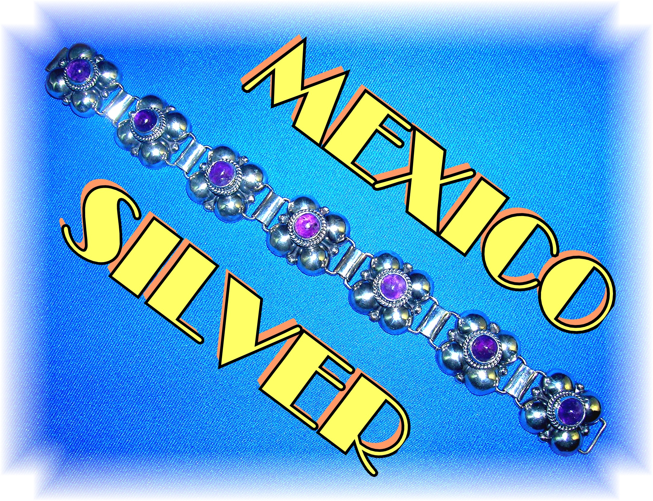 Mexican Silver and Cabochon  Amethyst Bracelet 40s
