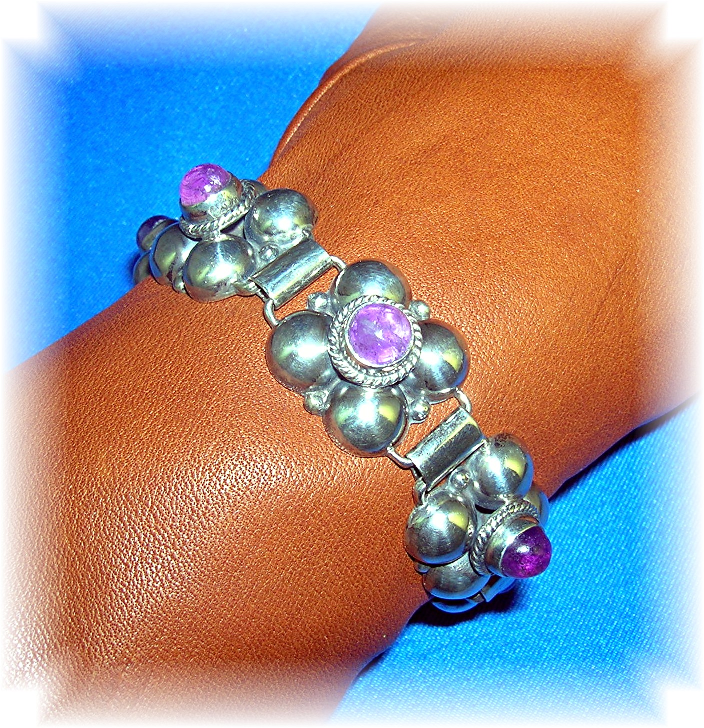 Mexican Silver and Cabochon  Amethyst Bracelet 40s