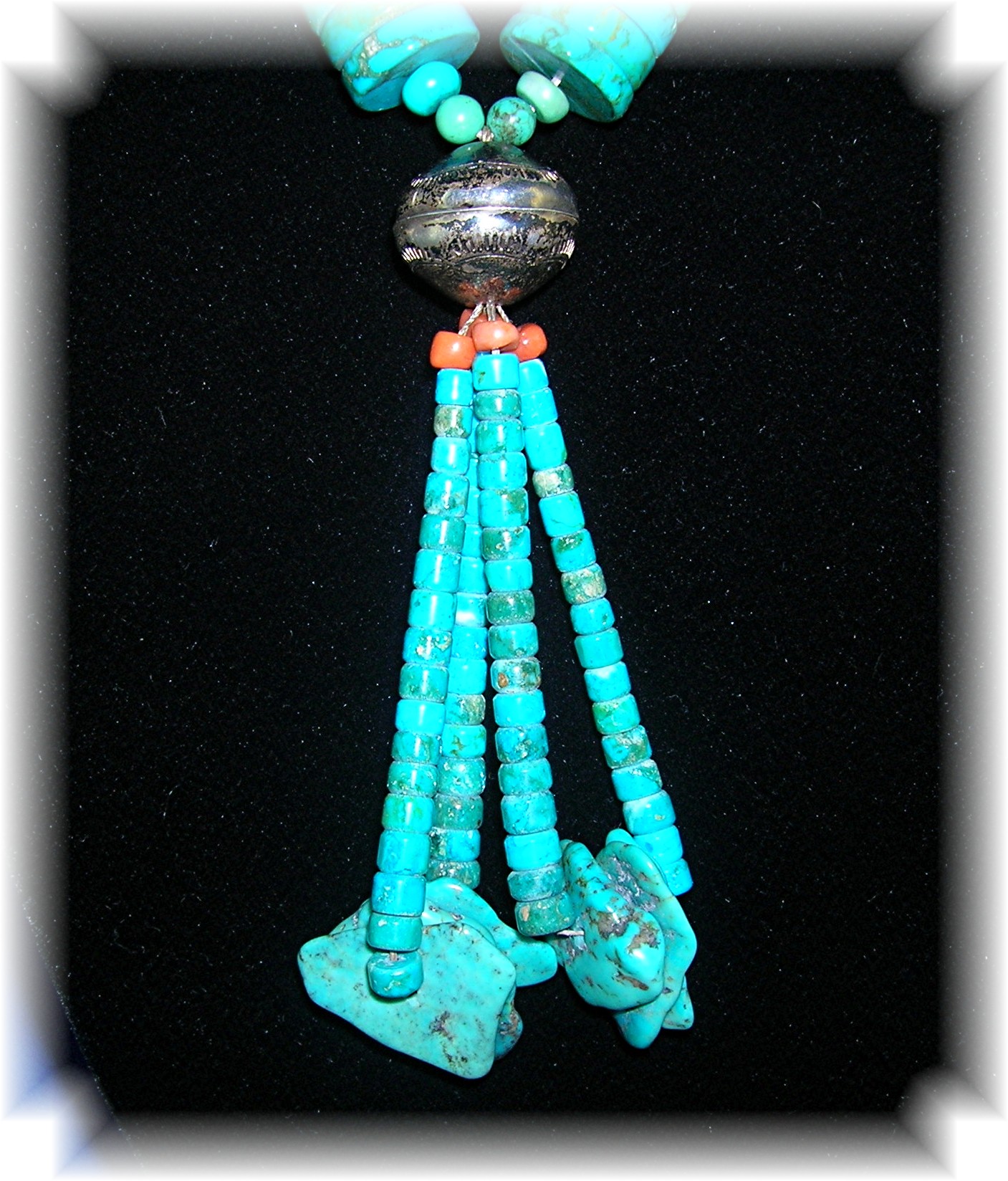 Native American Turquoise Coral Sterling Silver Necklac