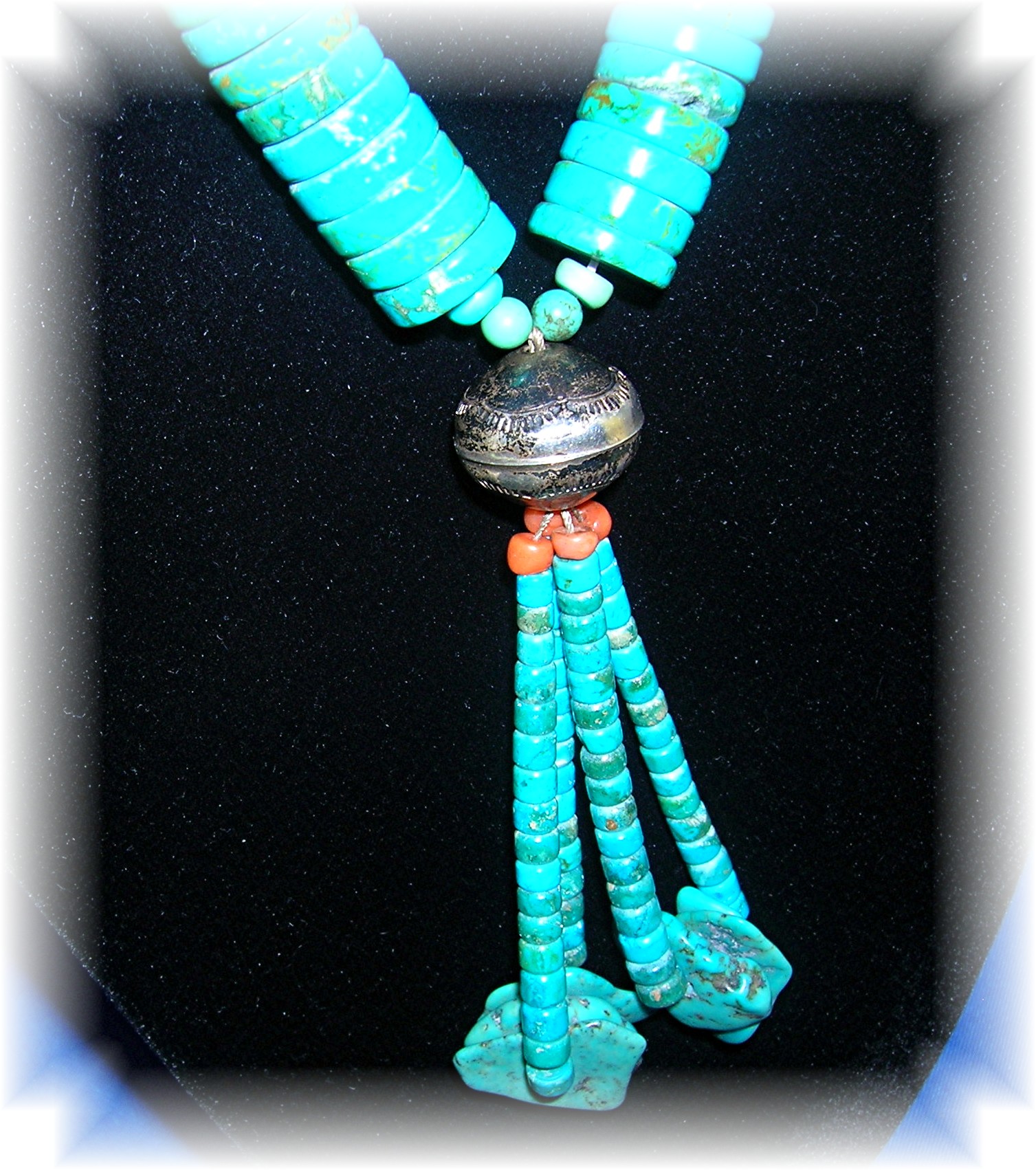 Native American Turquoise Coral Sterling Silver Necklac