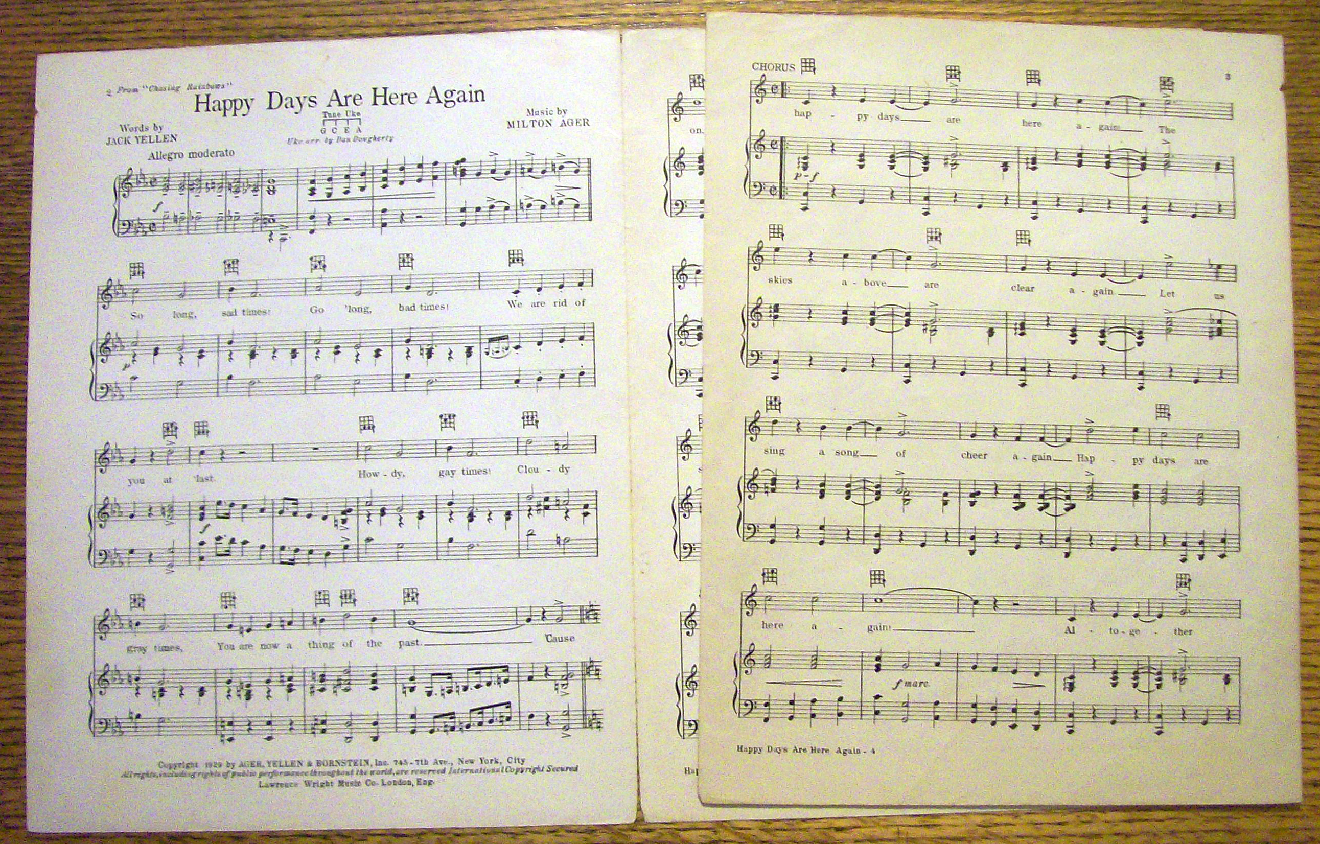 Sheet Music For 1929 Happy Days Are Here Again