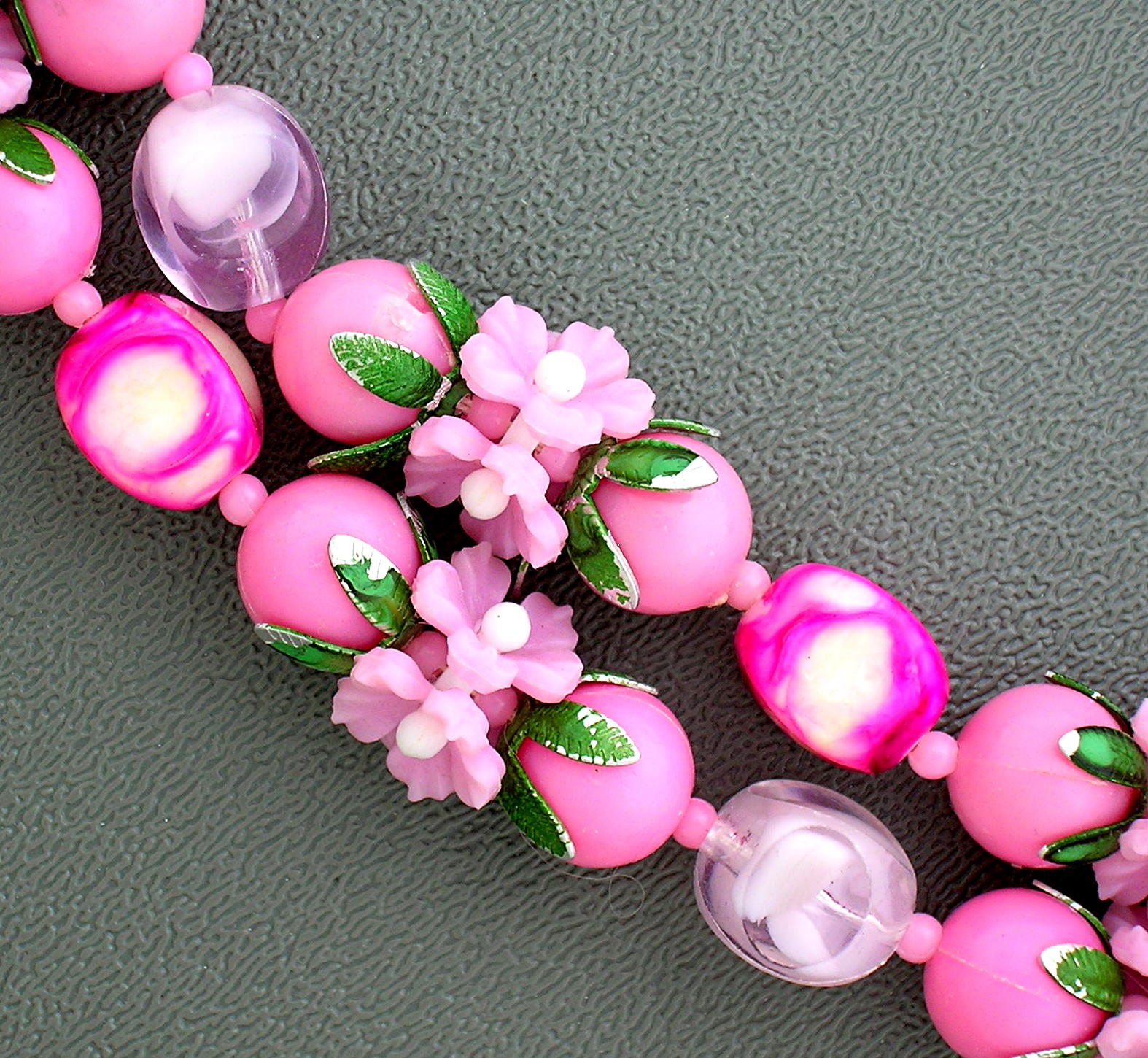 Lucite Pink White Green Flower Necklace Hong Kong