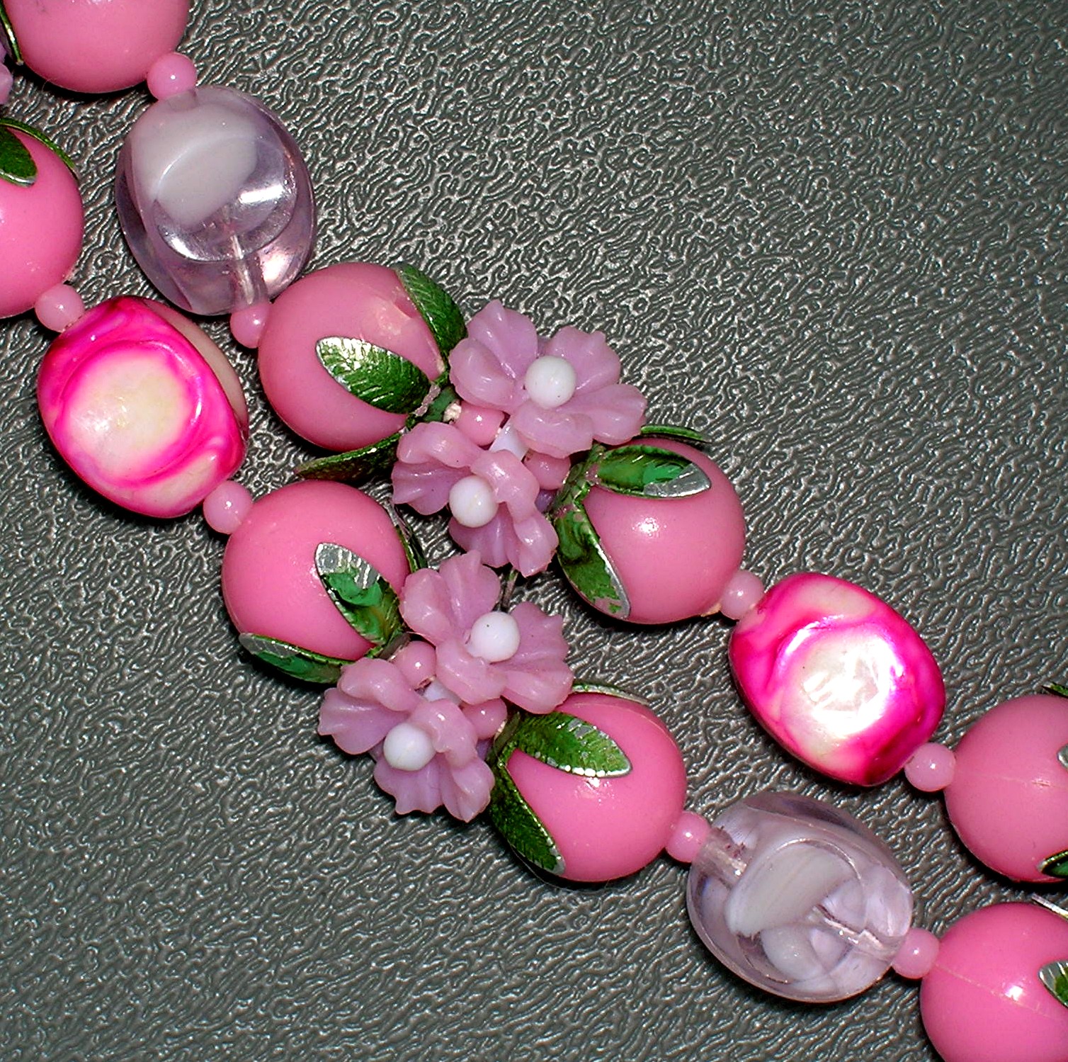 Lucite Pink White Green Flower Necklace Hong Kong