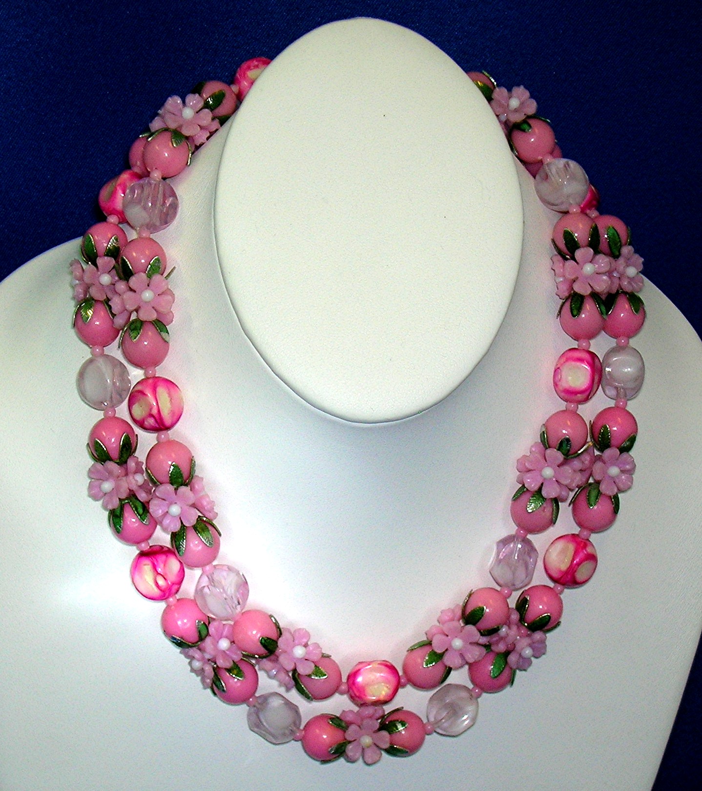 Lucite Pink White Green Flower Necklace Hong Kong