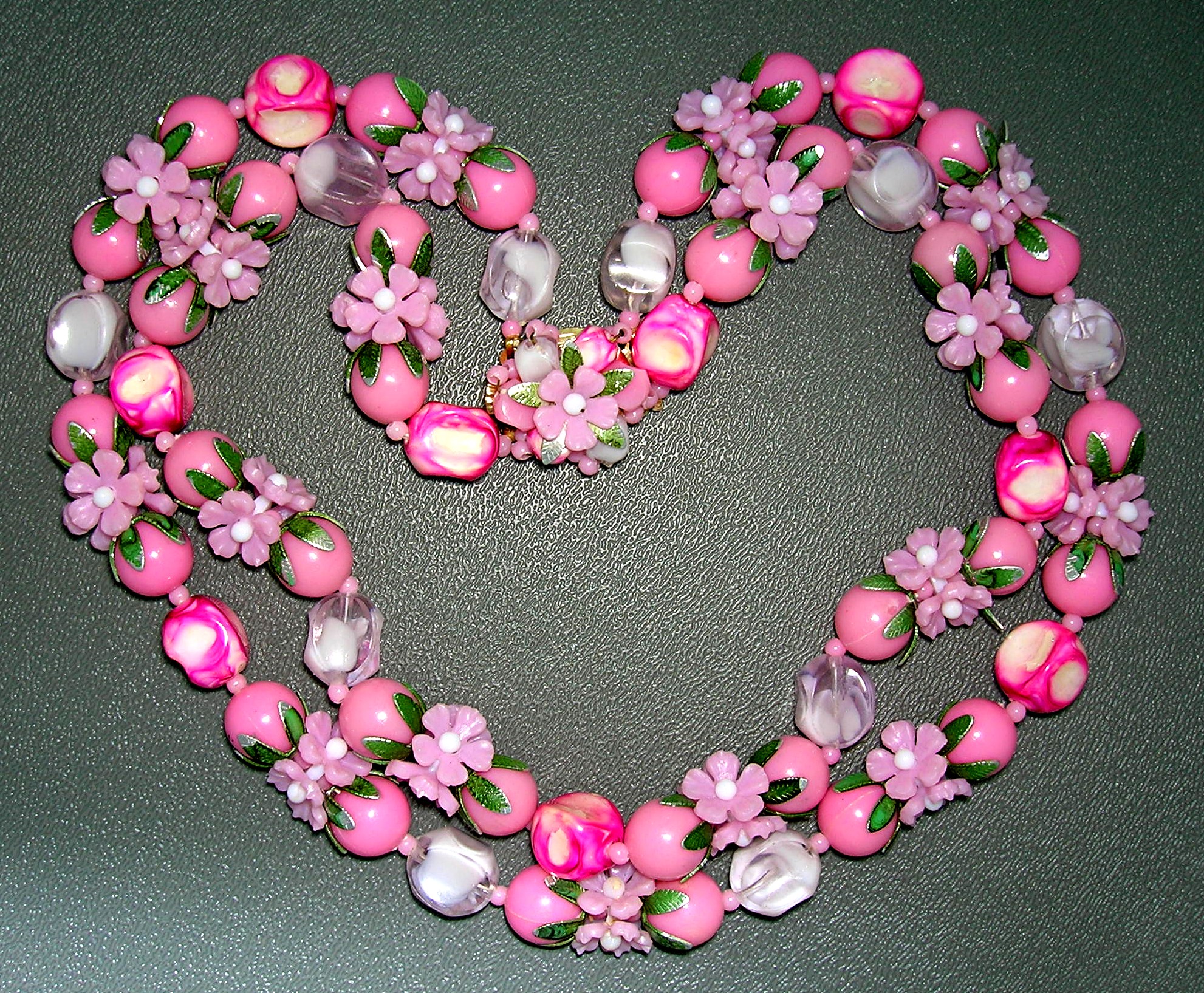 Lucite Pink White Green Flower Necklace Hong Kong