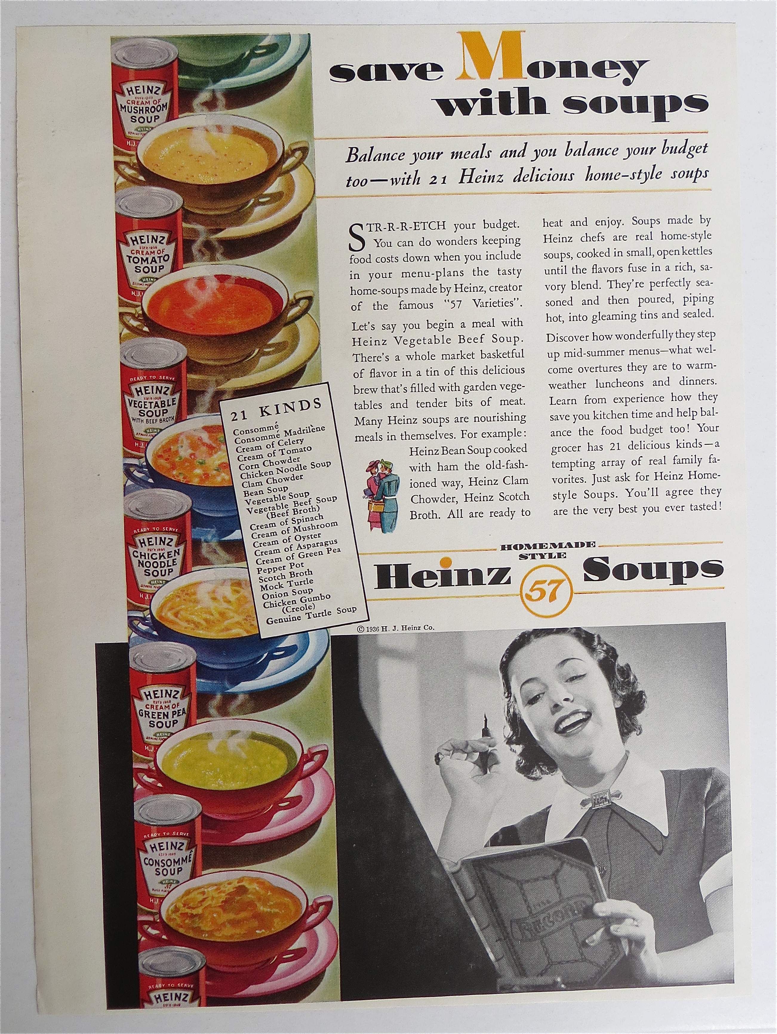 1936 Heinz Soups with Woman Balancing Her Budget
