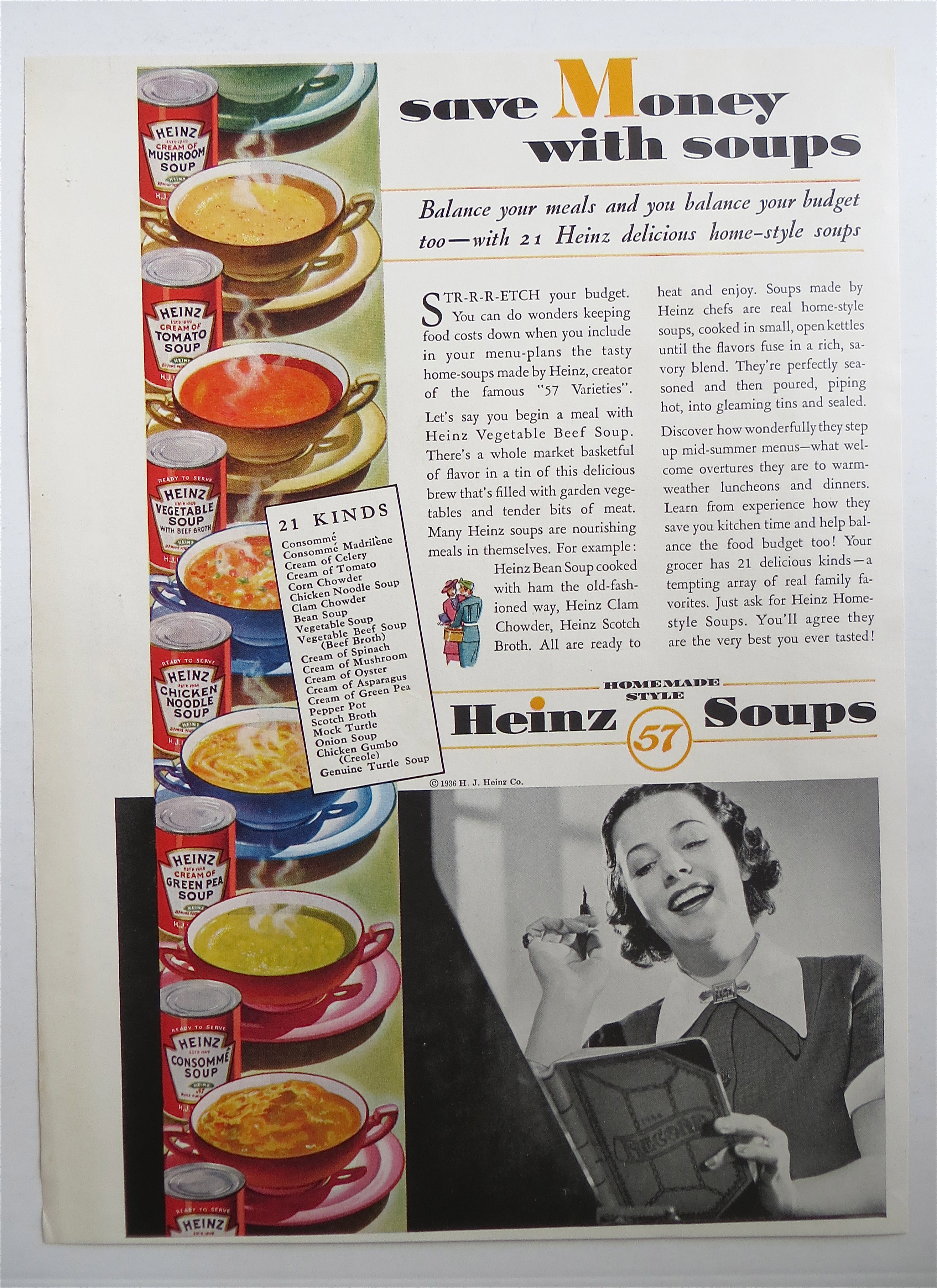 1936 Heinz Soups with Woman Balancing Her Budget