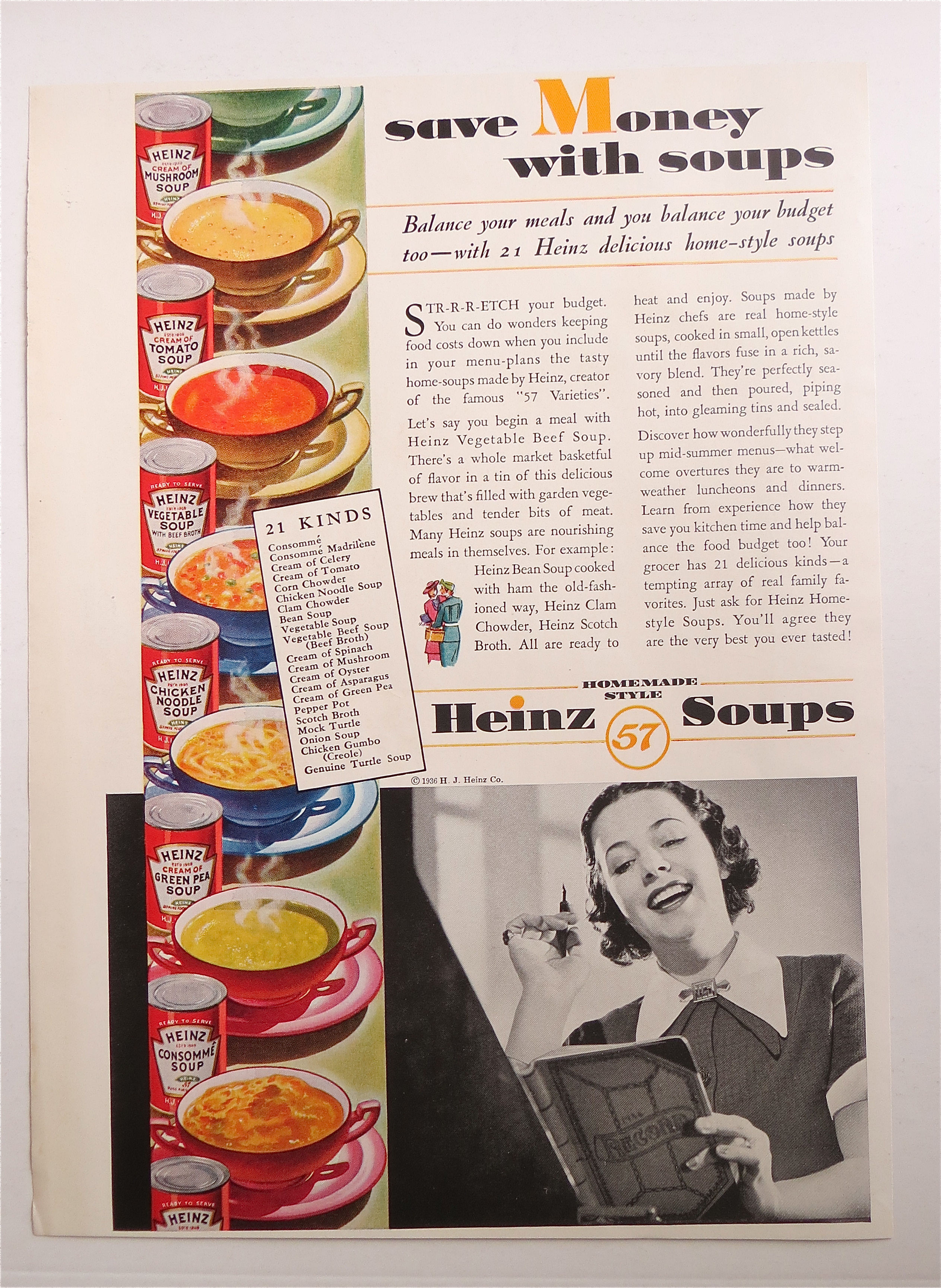 1936 Heinz Soups with Woman Balancing Her Budget