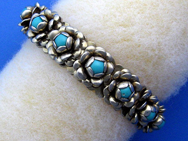 Silver and Turquoise Roses Cuff bracelet