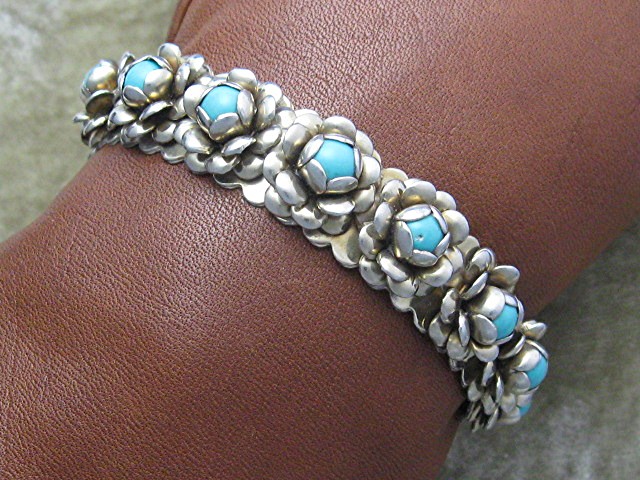 Silver and Turquoise Roses Cuff bracelet
