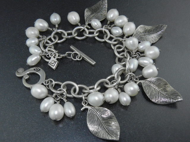 Silpada Sterling Silver Leaves Pearls Toggle Bracelet