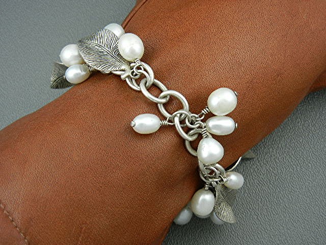 Silpada Sterling Silver Leaves Pearls Toggle Bracelet