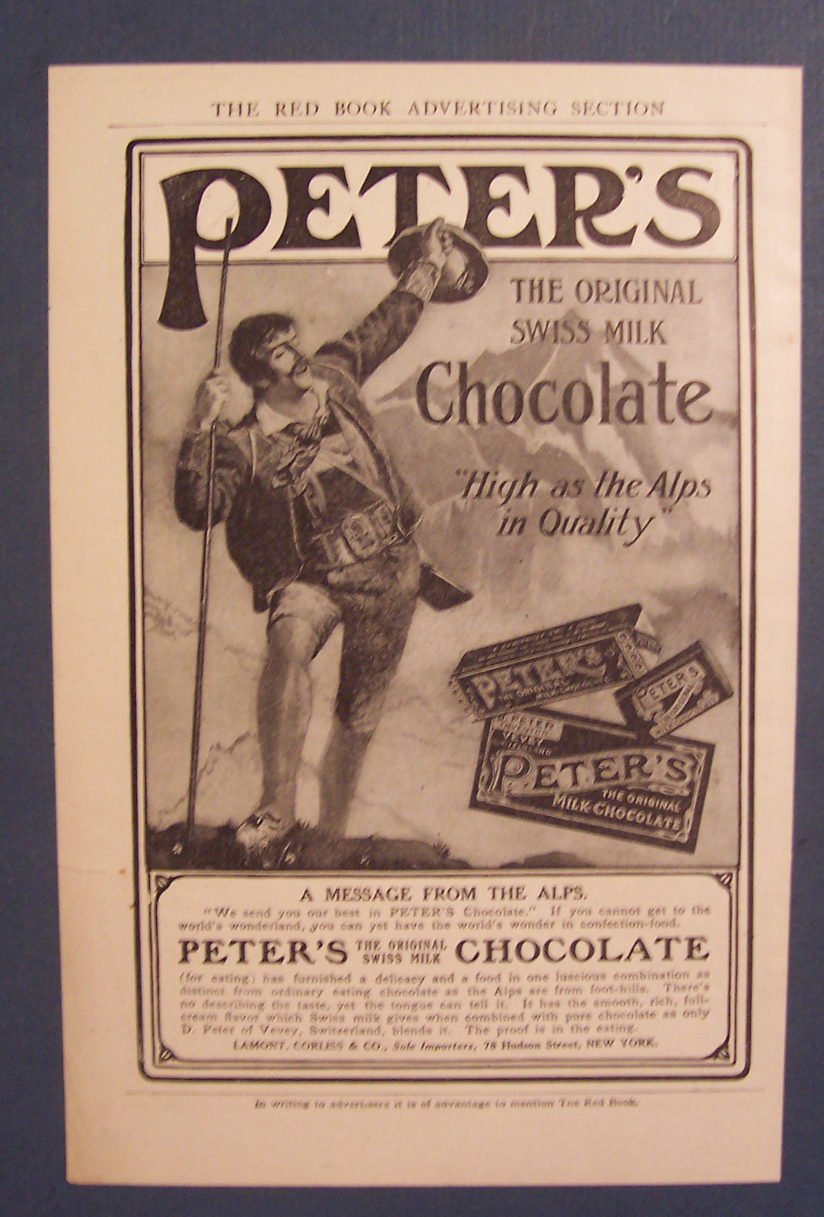 1906 Peter's Swiss Milk Chocolate Ad with Message