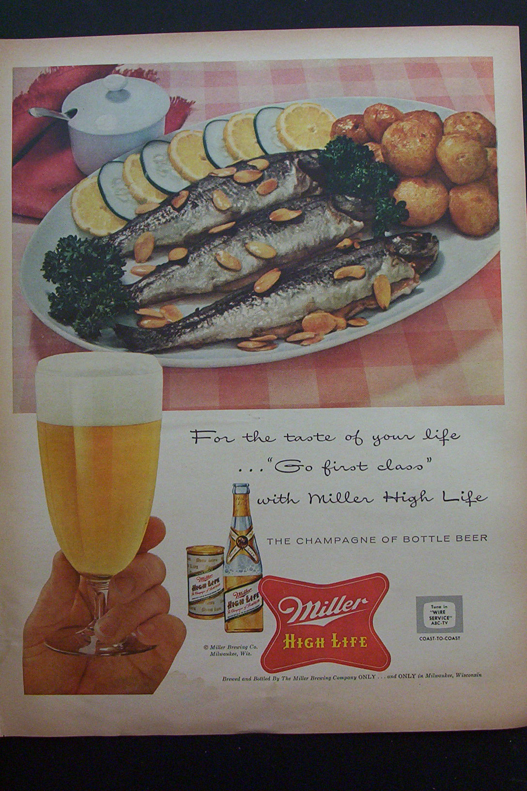 1957 Miller High Life Beer w/ Plate of Fish & Potatoes