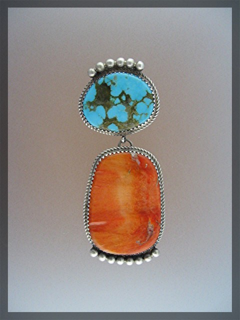 Navajo Sterling Silver Spiny Oyster Turquoise Pendant B