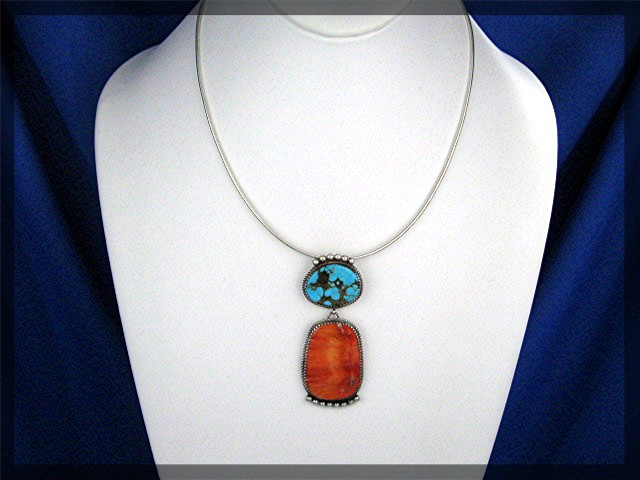 Navajo Sterling Silver Spiny Oyster Turquoise Pendant B