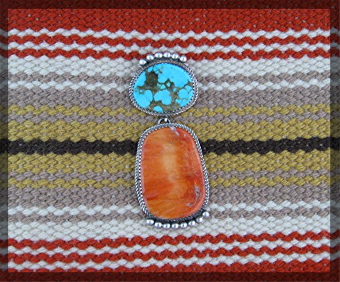 Navajo Sterling Silver Spiny Oyster Turquoise Pendant B