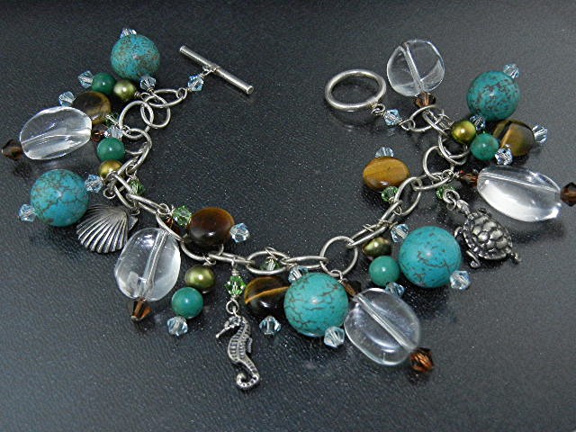 Sterling Silver Charm Toggle Bracelet Pearl Crystals