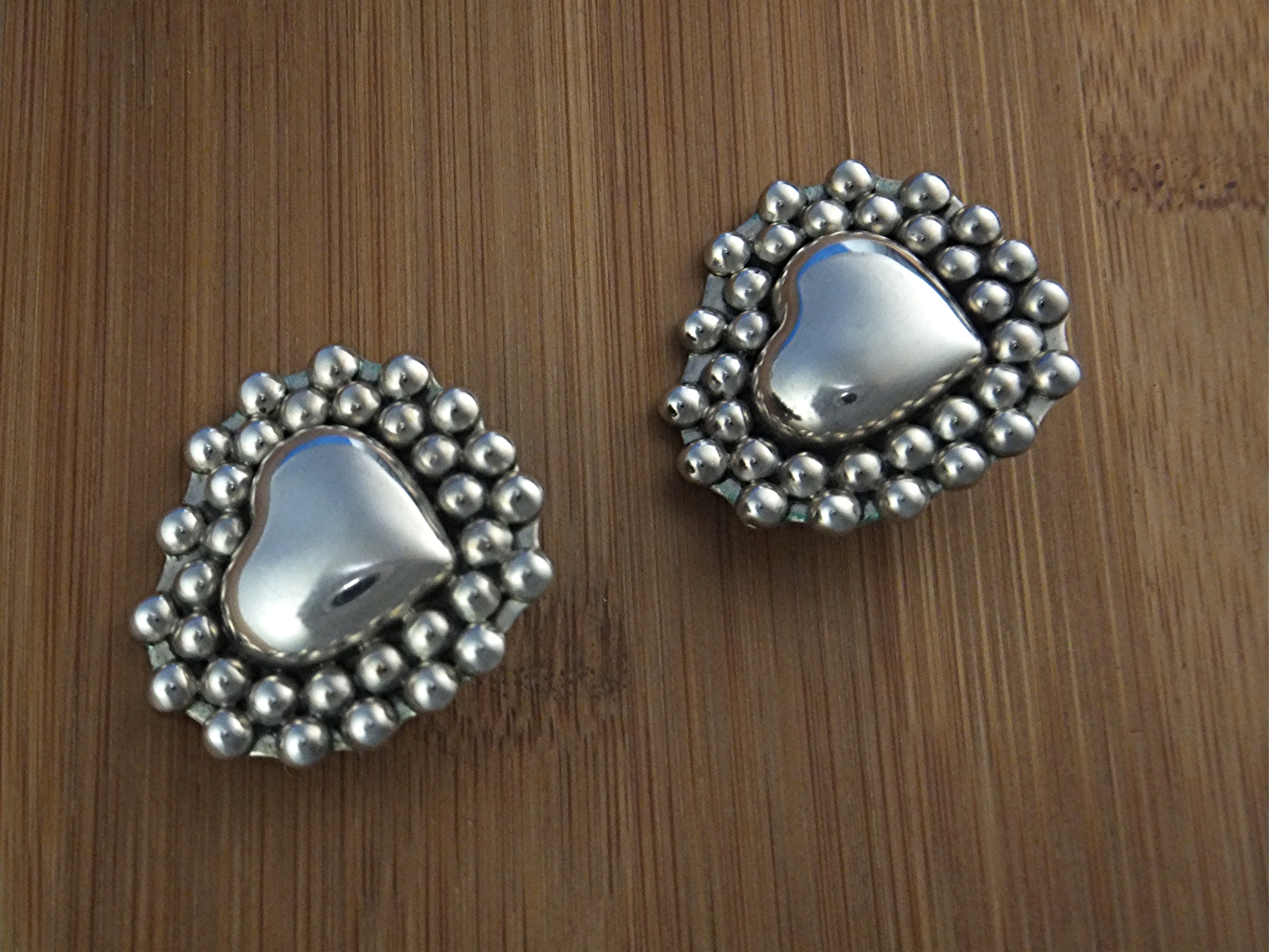 Taxco Mexico Sterling Silver Heart  Clip Earrings