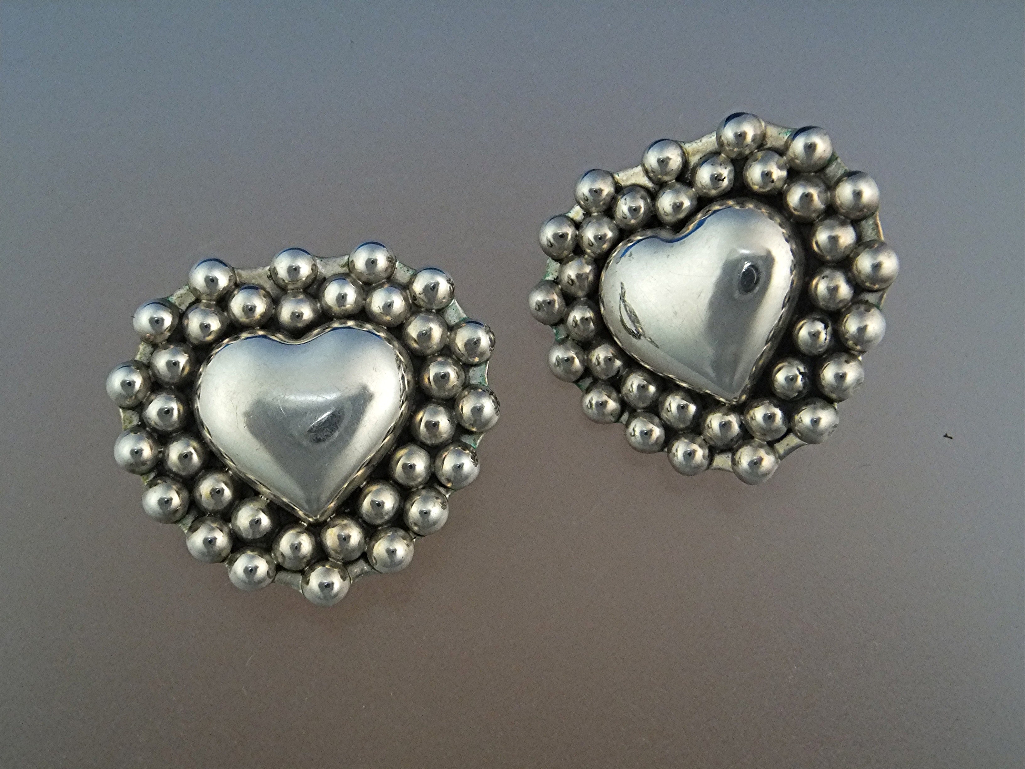 Taxco Mexico Sterling Silver Heart  Clip Earrings