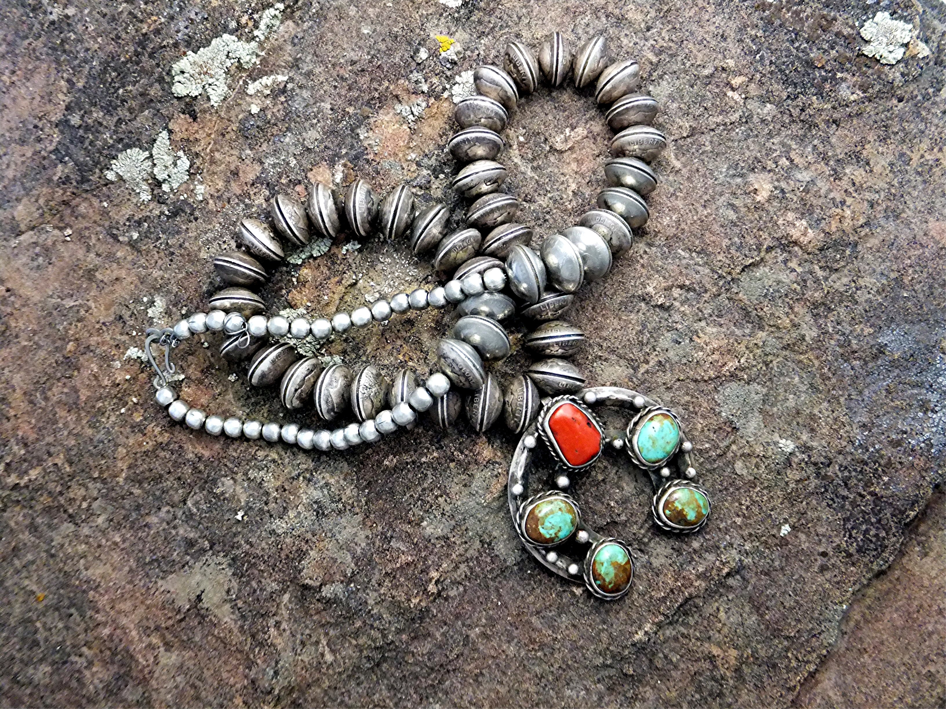 Mercury Dimes Sterling Silver Necklace Coral Turquoise