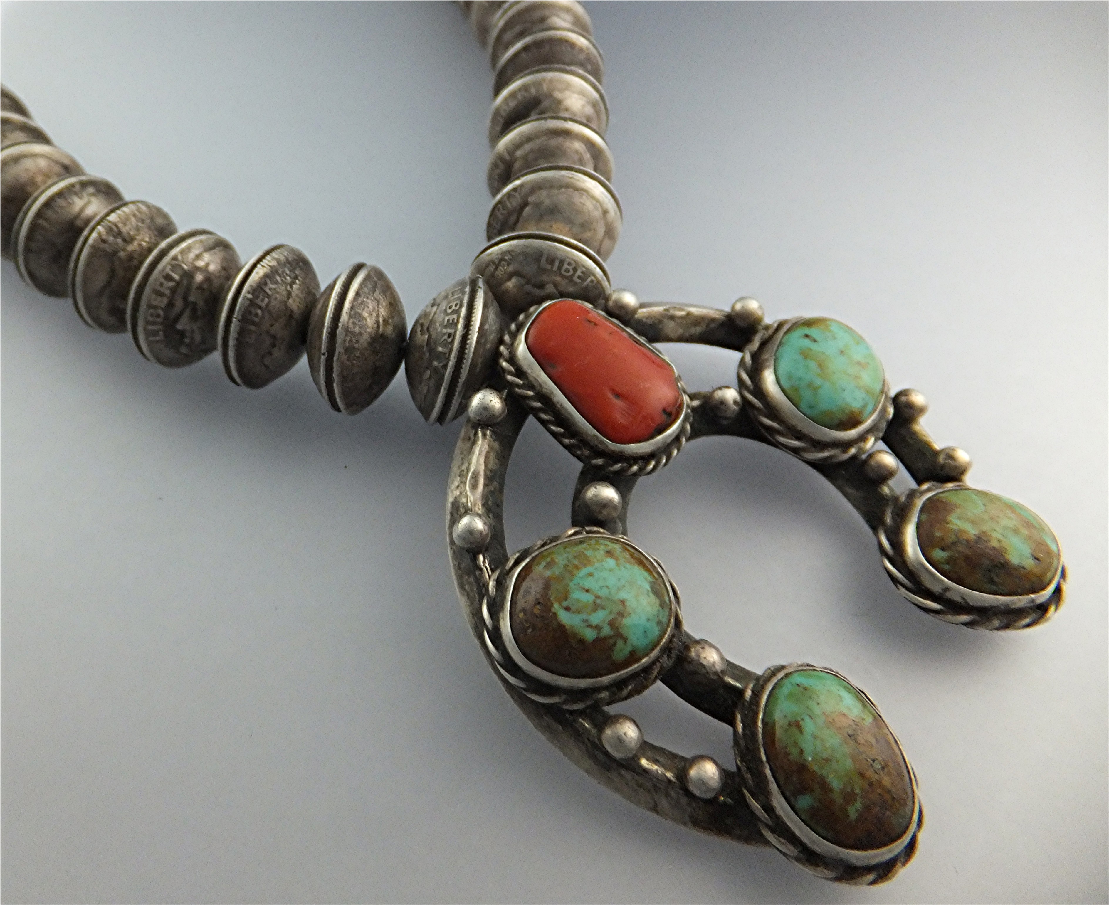 Mercury Dimes Sterling Silver Necklace Coral Turquoise