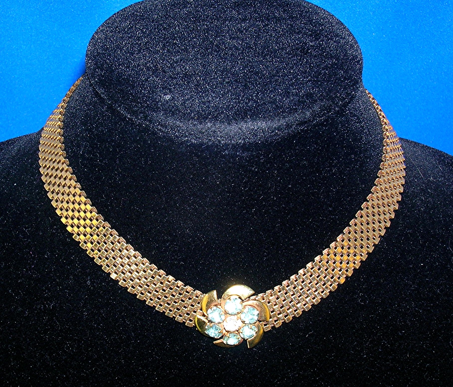 Lustern 12K GF Mesh Necklace Aqua Crystal Flower Slide