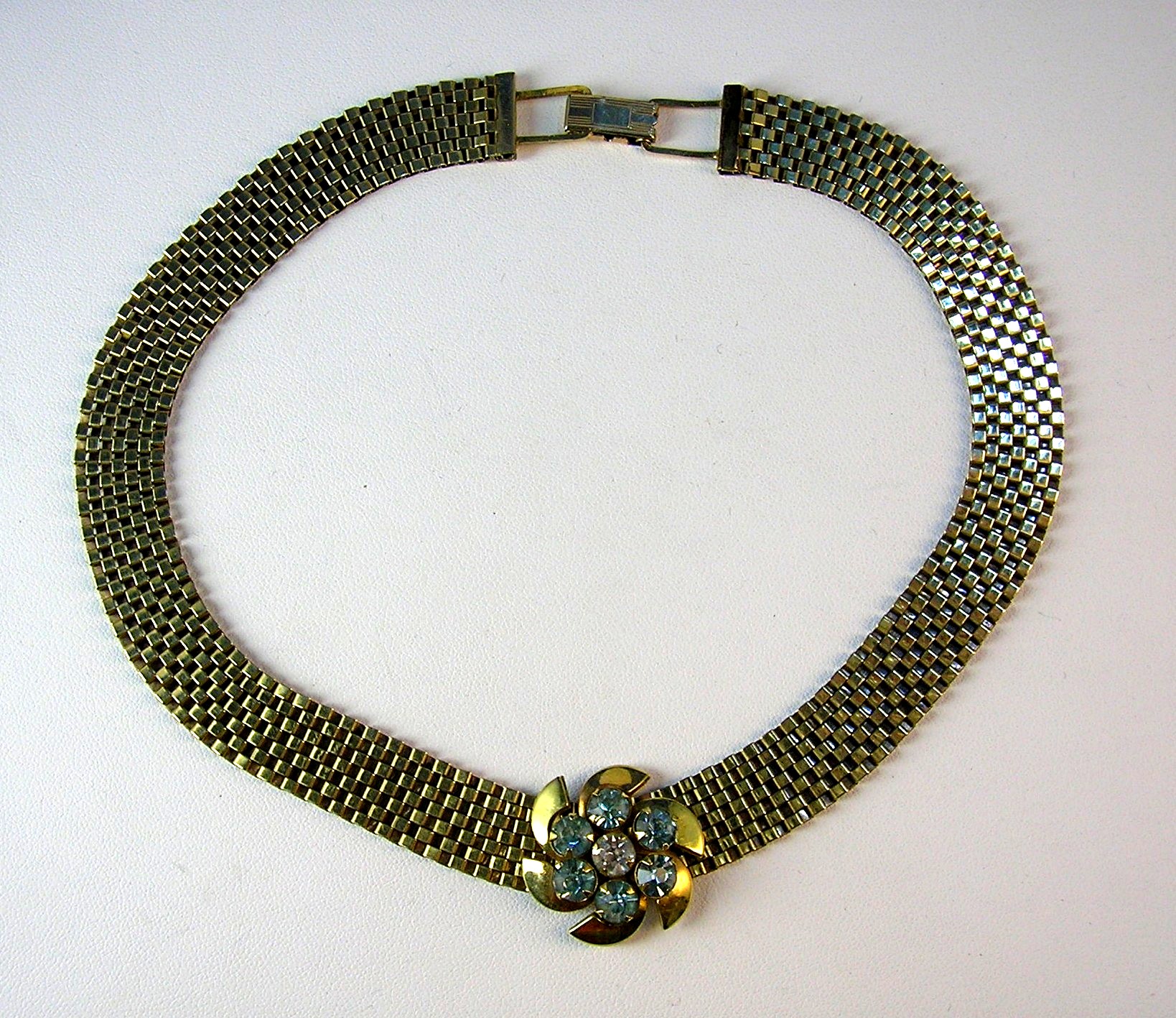 Lustern 12K GF Mesh Necklace Aqua Crystal Flower Slide