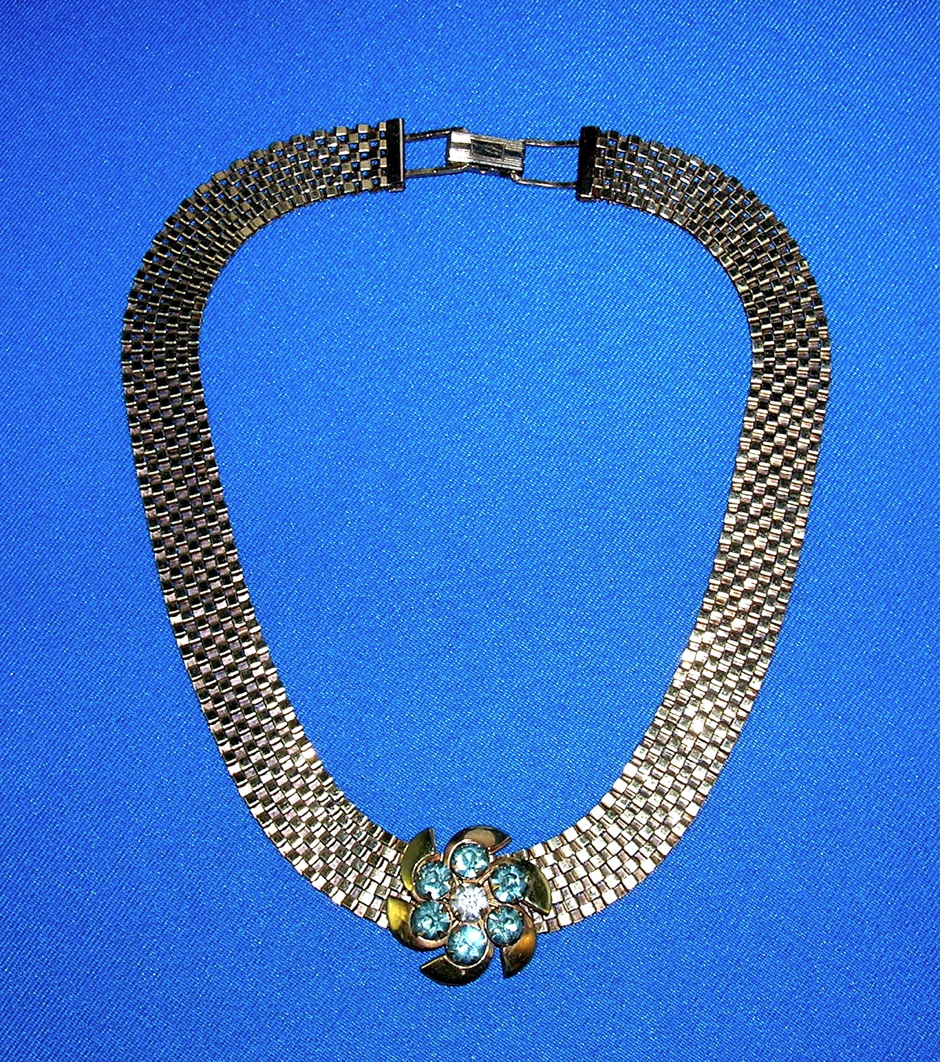 Lustern 12K GF Mesh Necklace Aqua Crystal Flower Slide
