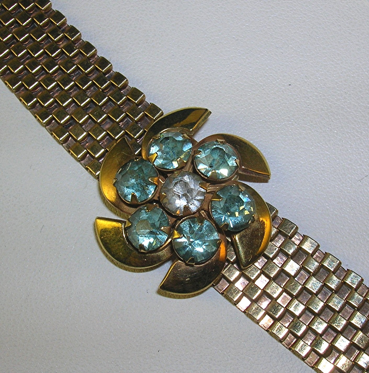 Lustern 12K GF Mesh Necklace Aqua Crystal Flower Slide