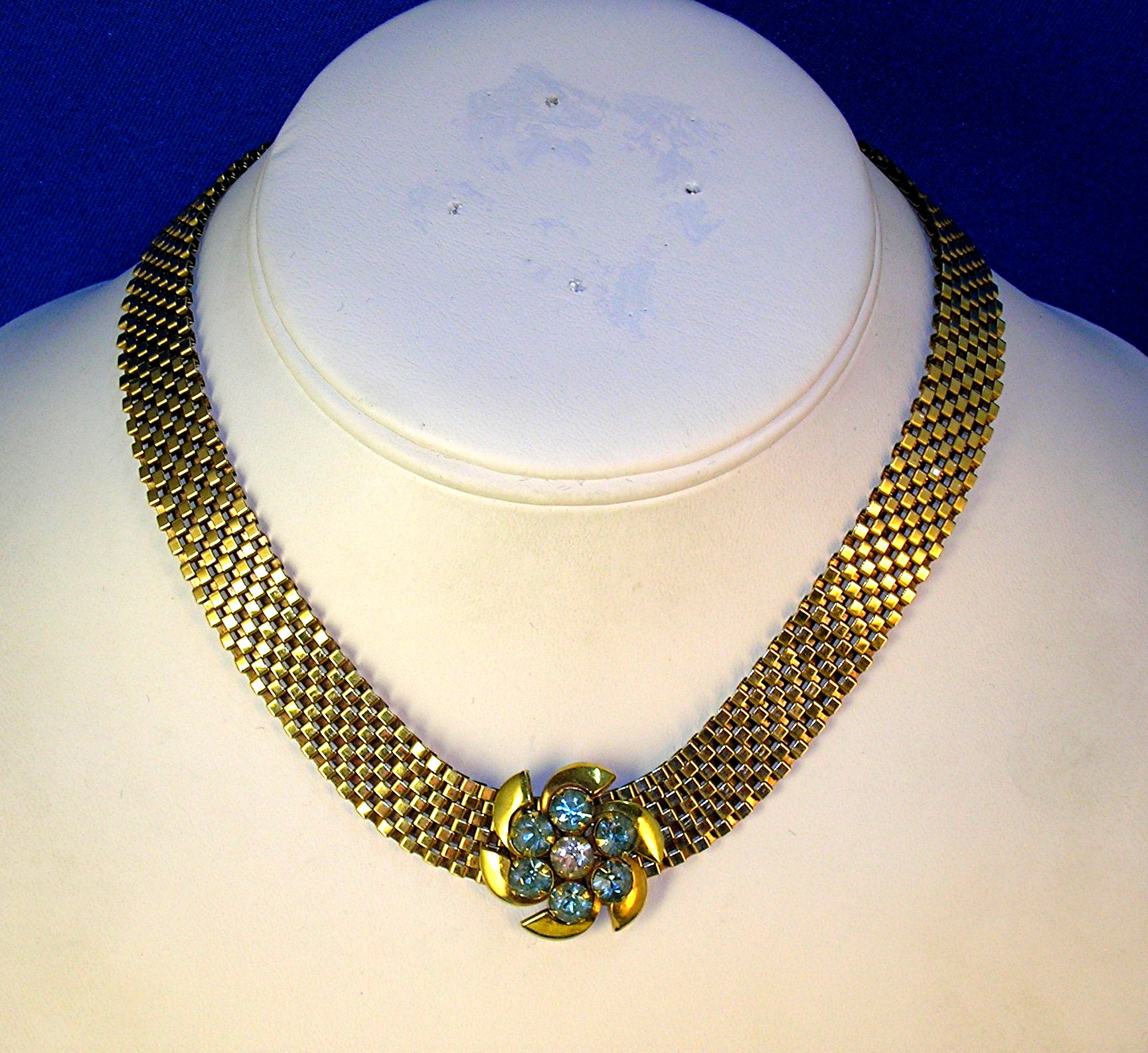 Lustern 12K GF Mesh Necklace Aqua Crystal Flower Slide