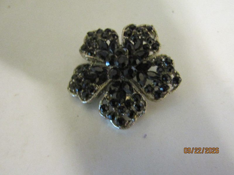 Vintage Silver Tone Black Rhinestone Flower Brooch Pin