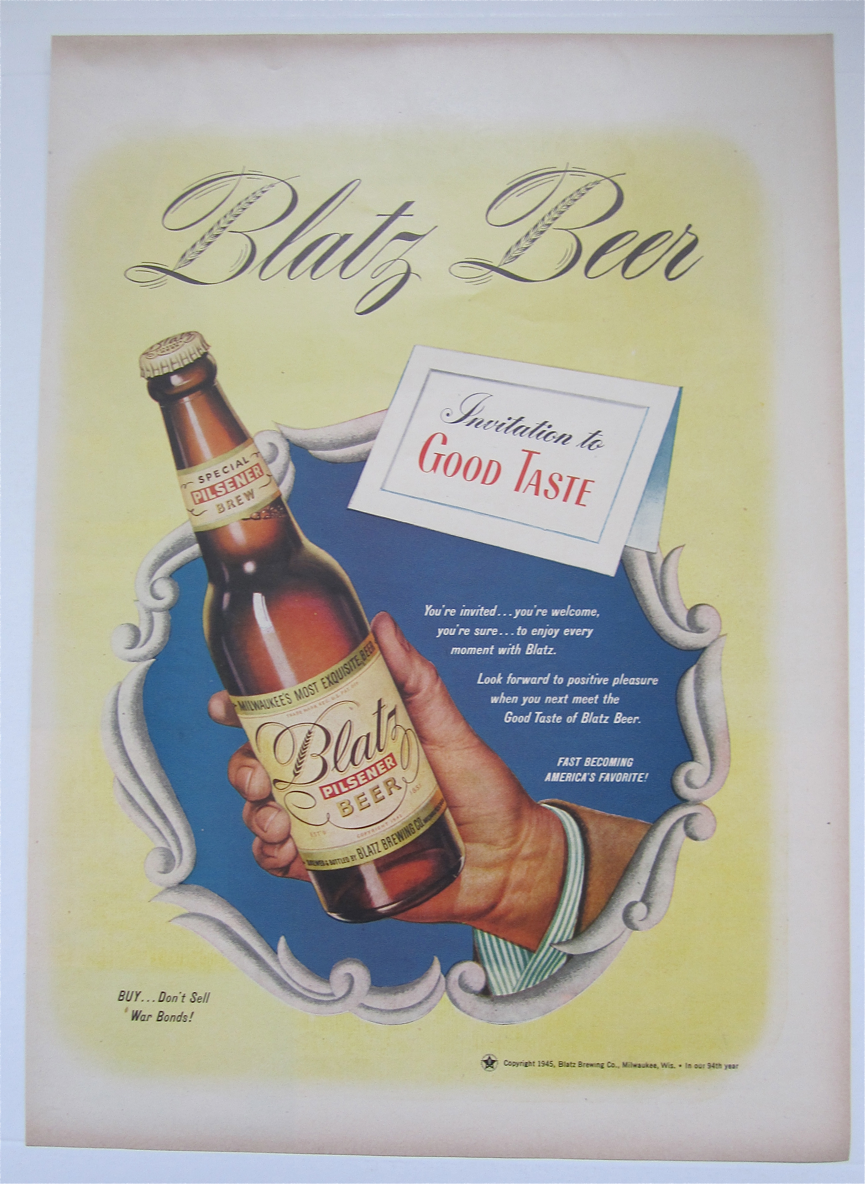 1945 Blatz Beer with a Hand Holding a Bottle of Beer