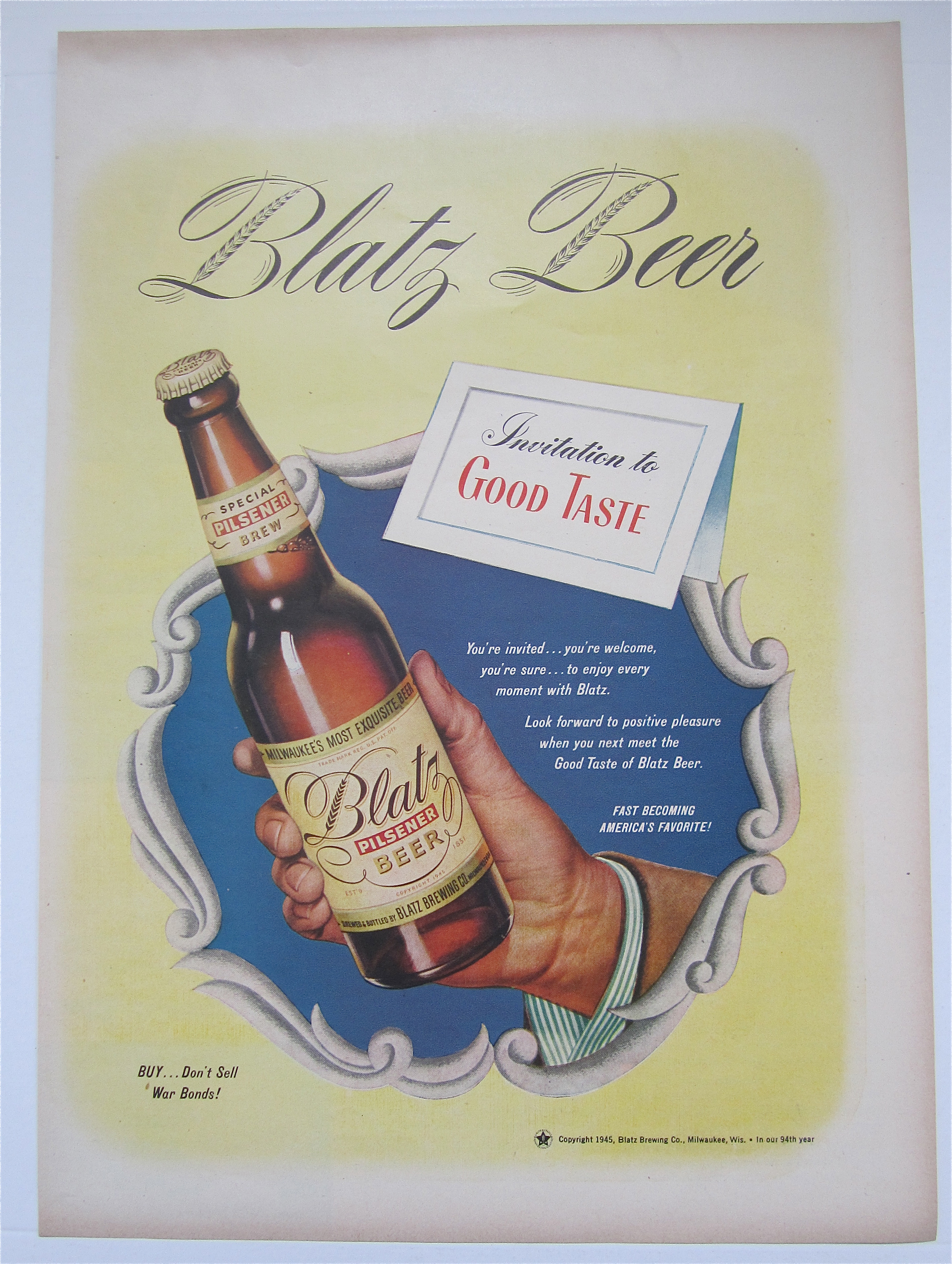 1945 Blatz Beer with a Hand Holding a Bottle of Beer