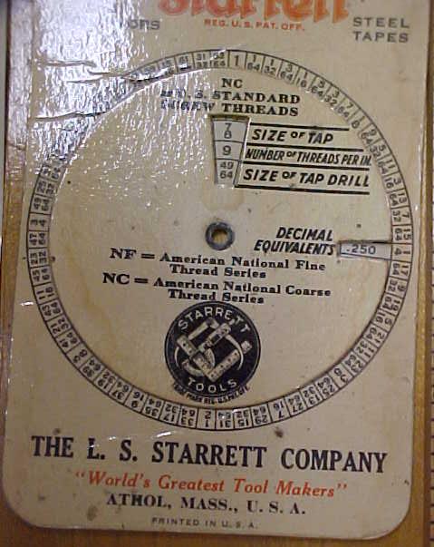 Starrett Screw Thread Calculator 1940's + Chart