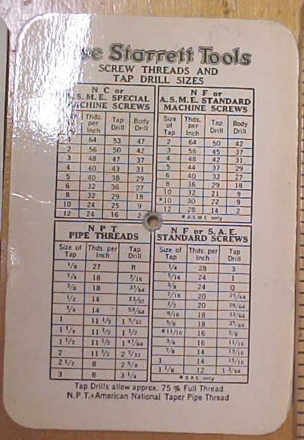 Starrett Screw Thread Calculator 1940's + Chart